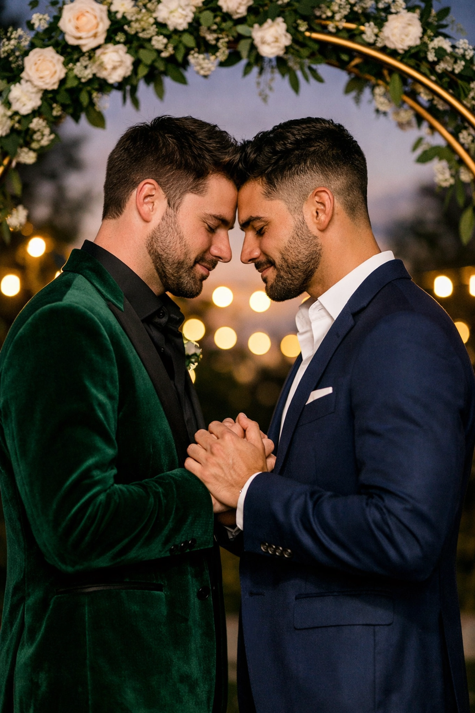Two men sharing an intimate moment at their wedding, reflecting a traditional queer relationship milestone.