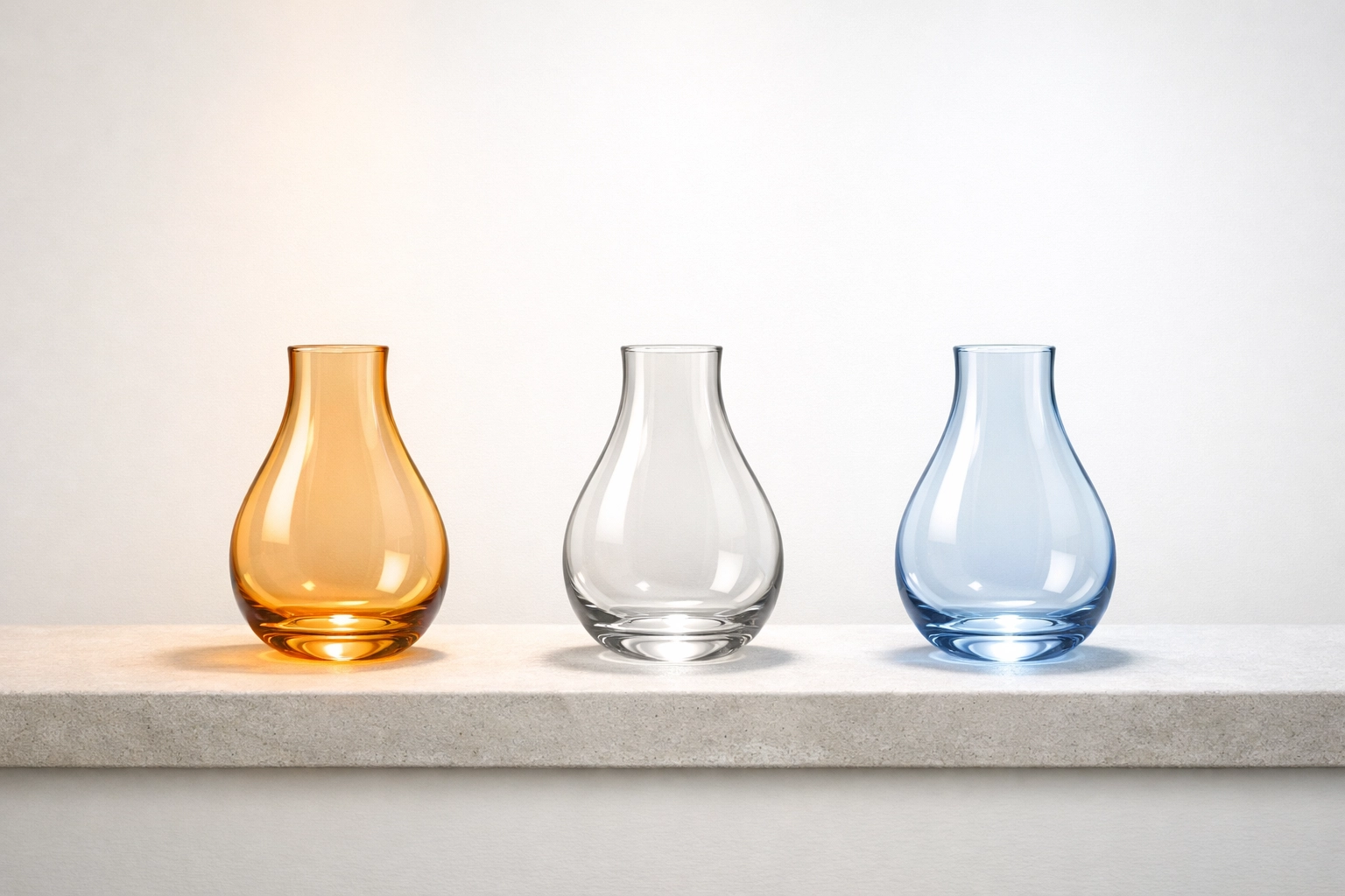 Three glass vases showing the gradient of LED color temperatures from warm amber to cool daylight.