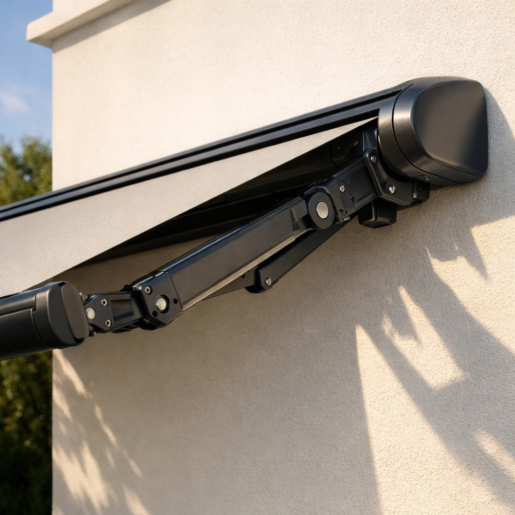Detailaufnahme einer modernen Kassettenmarkise in Wien mit robusten Gelenkarmen.