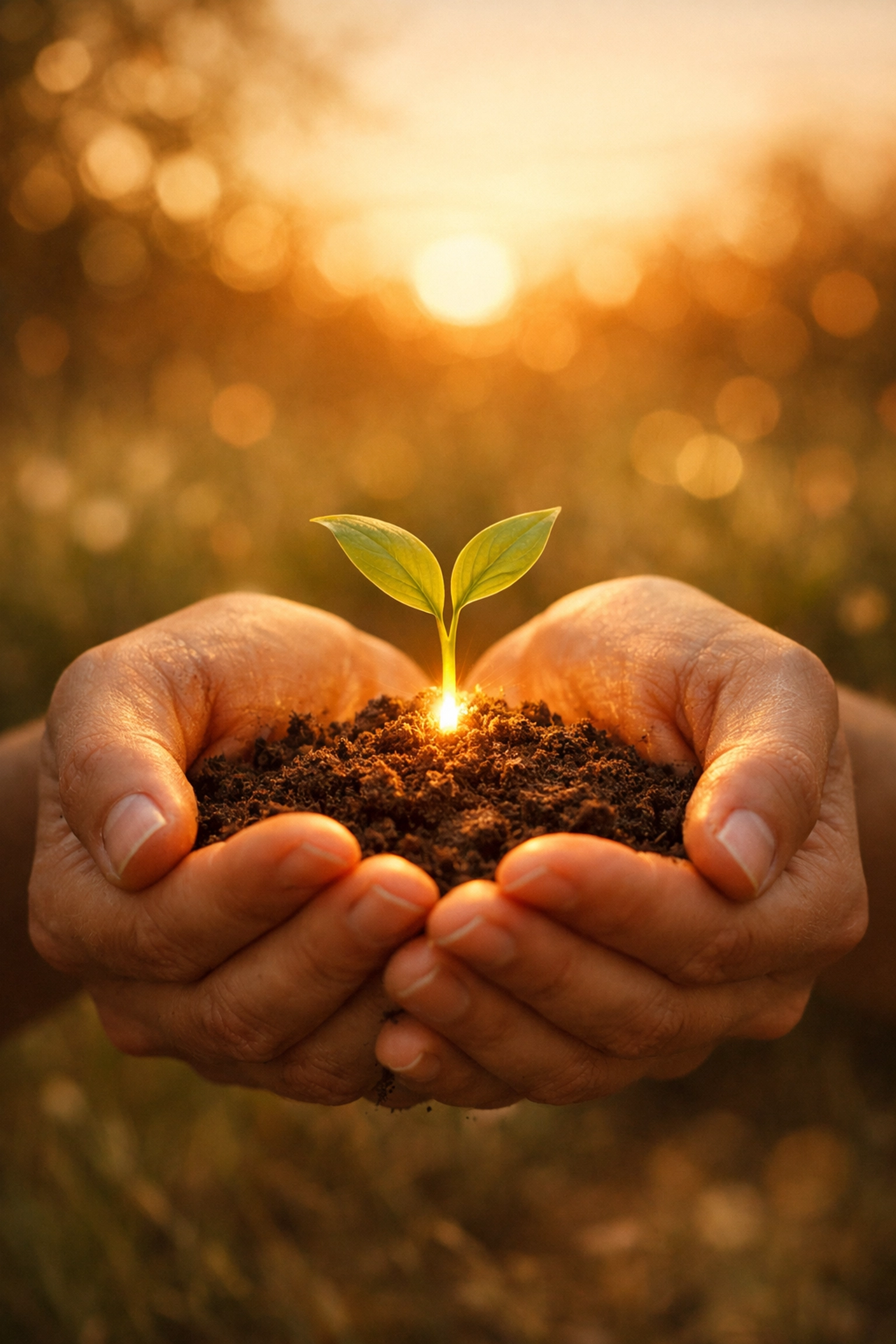 Hands cradling a glowing green sprout, representing the transformation of core wounds into personal growth.