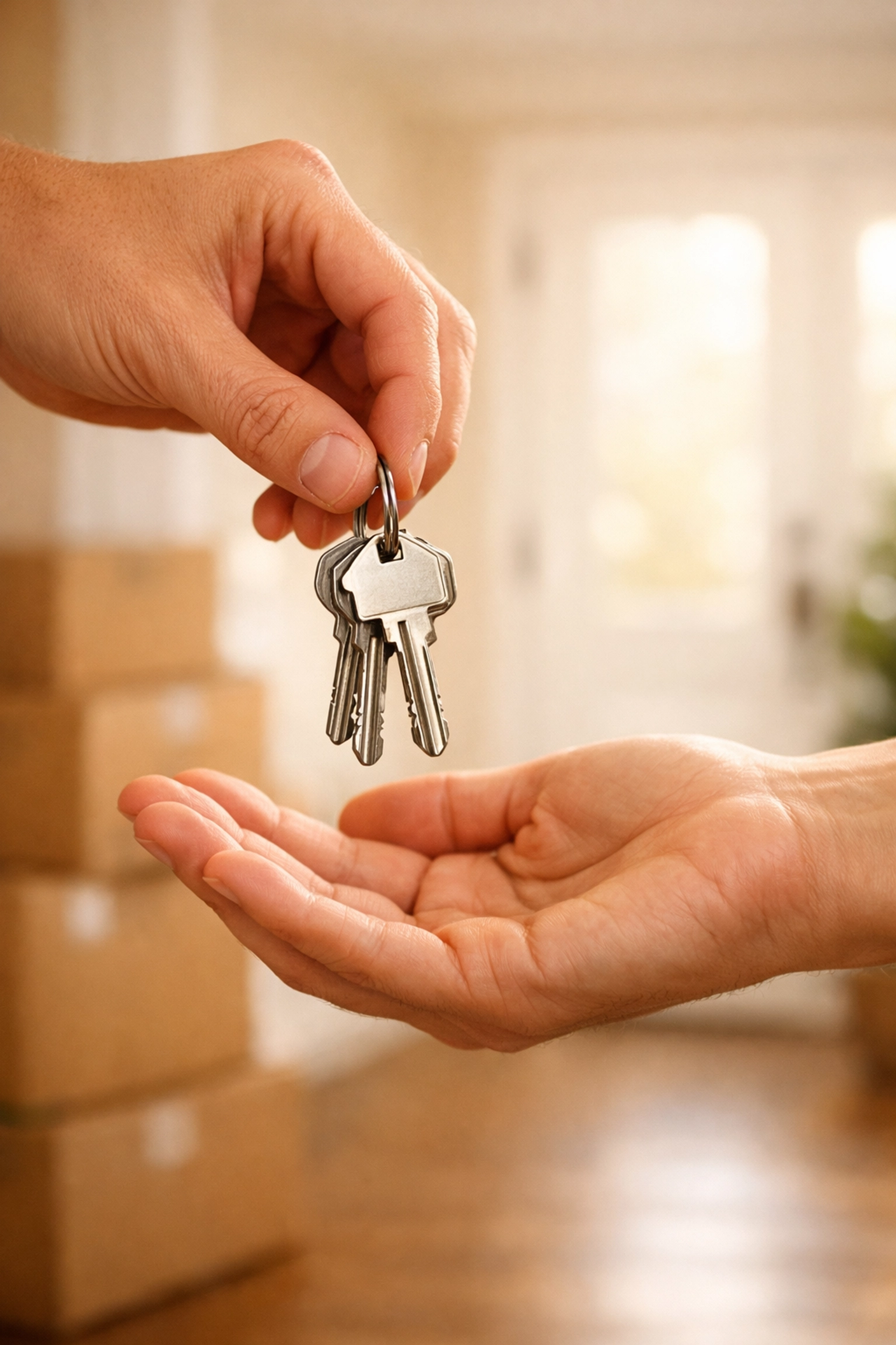 A new homeowner receiving house keys in a modern entryway with moving boxes.