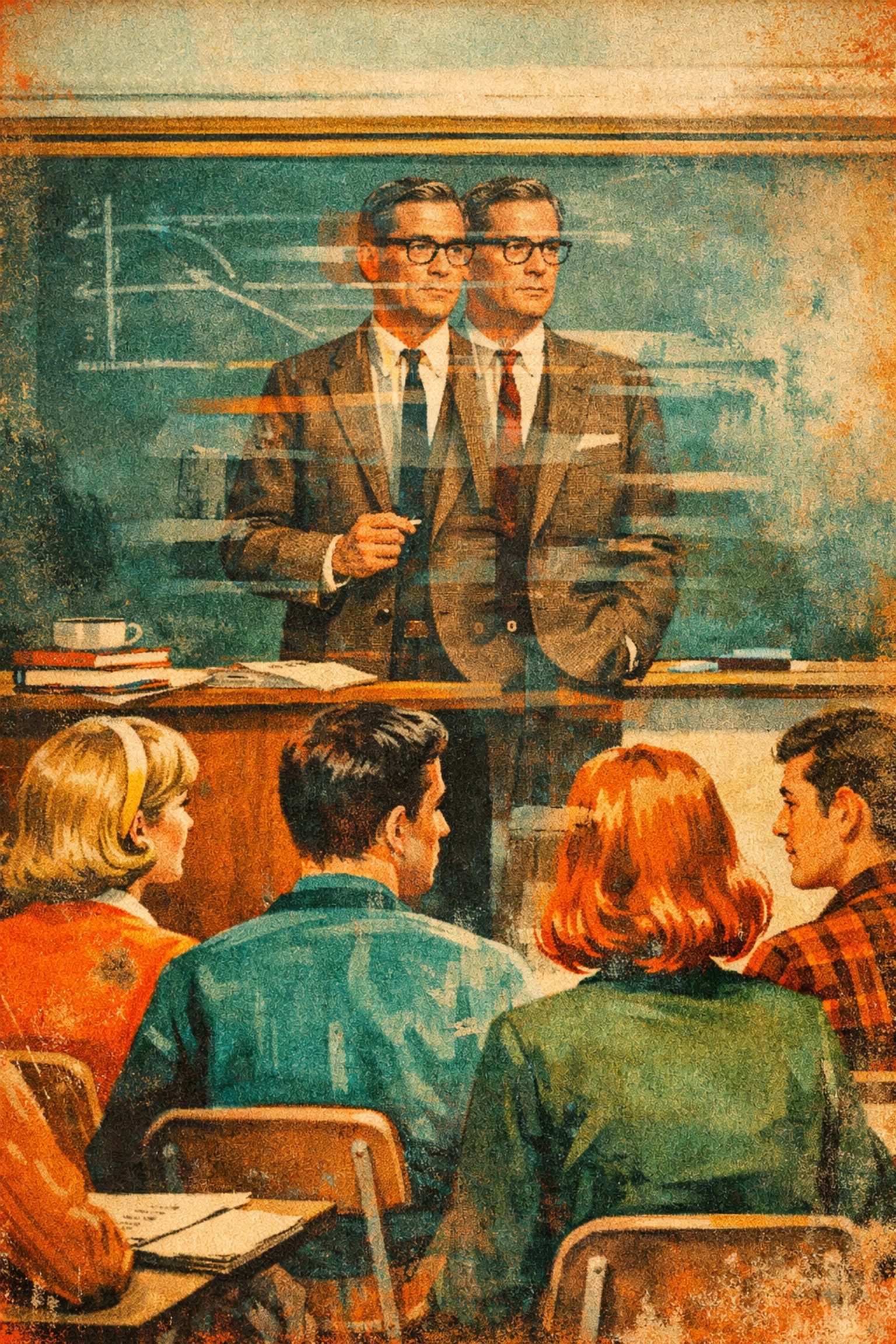 1960s college professor teaching class depicting hidden grief in Isherwood's gay classic