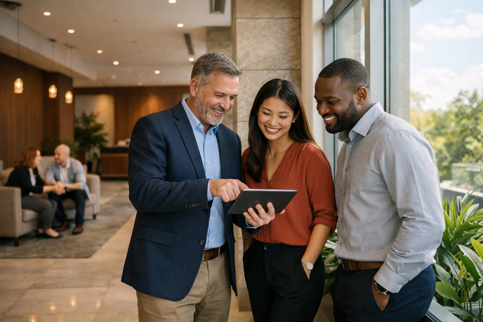 Manager mentoring team members in a lobby, emphasizing a people-first culture and hospitality leadership.