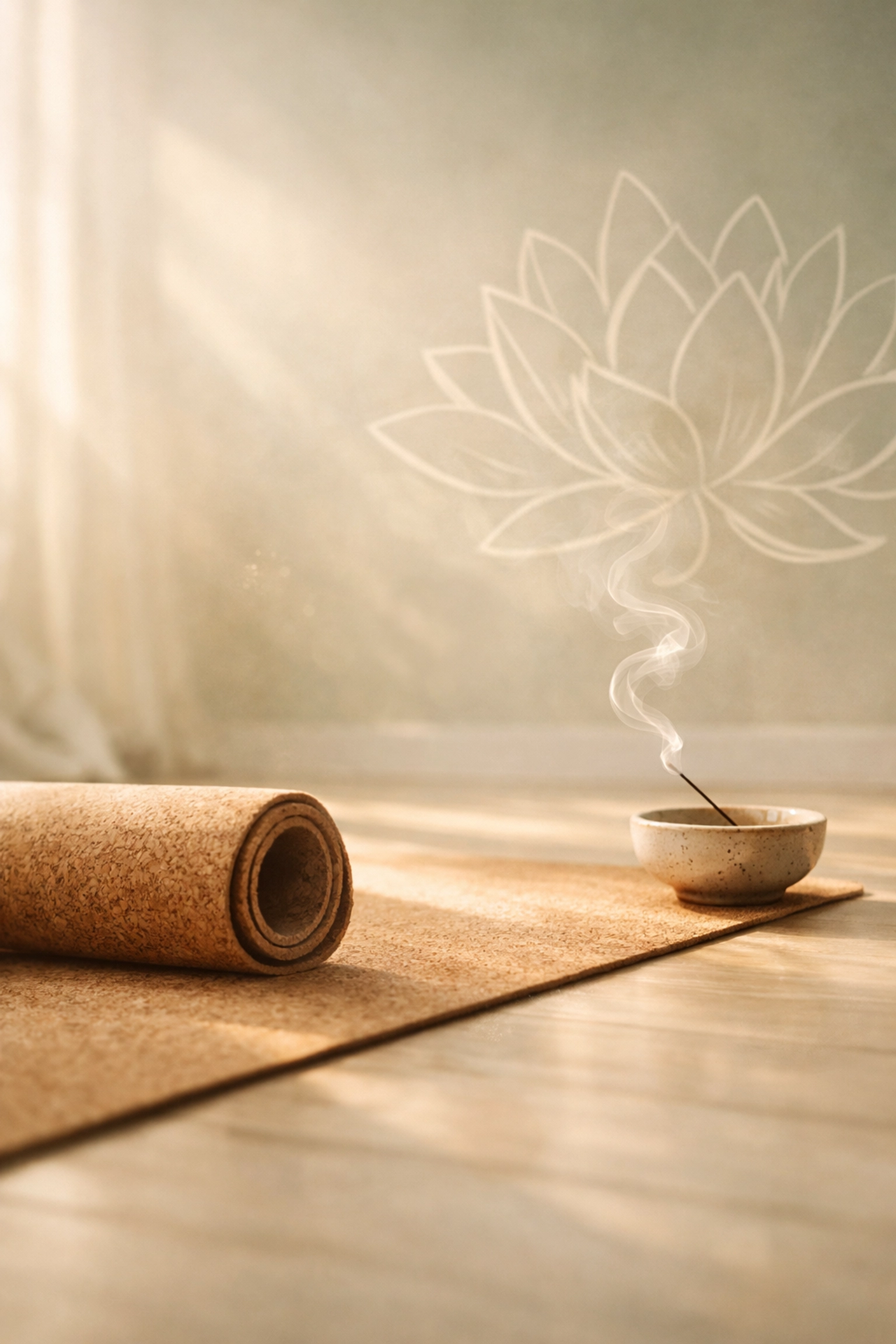 Minimalist cork yoga mat in a sun-drenched studio, offering a peaceful space for sober yoga and recovery fitness.