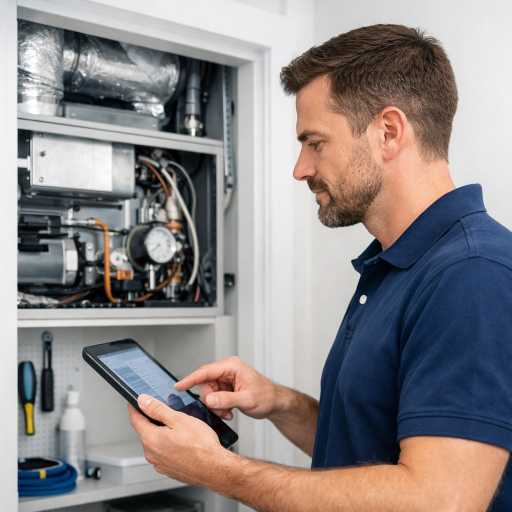Maintenance technician performing preventive HVAC inspection in apartment unit