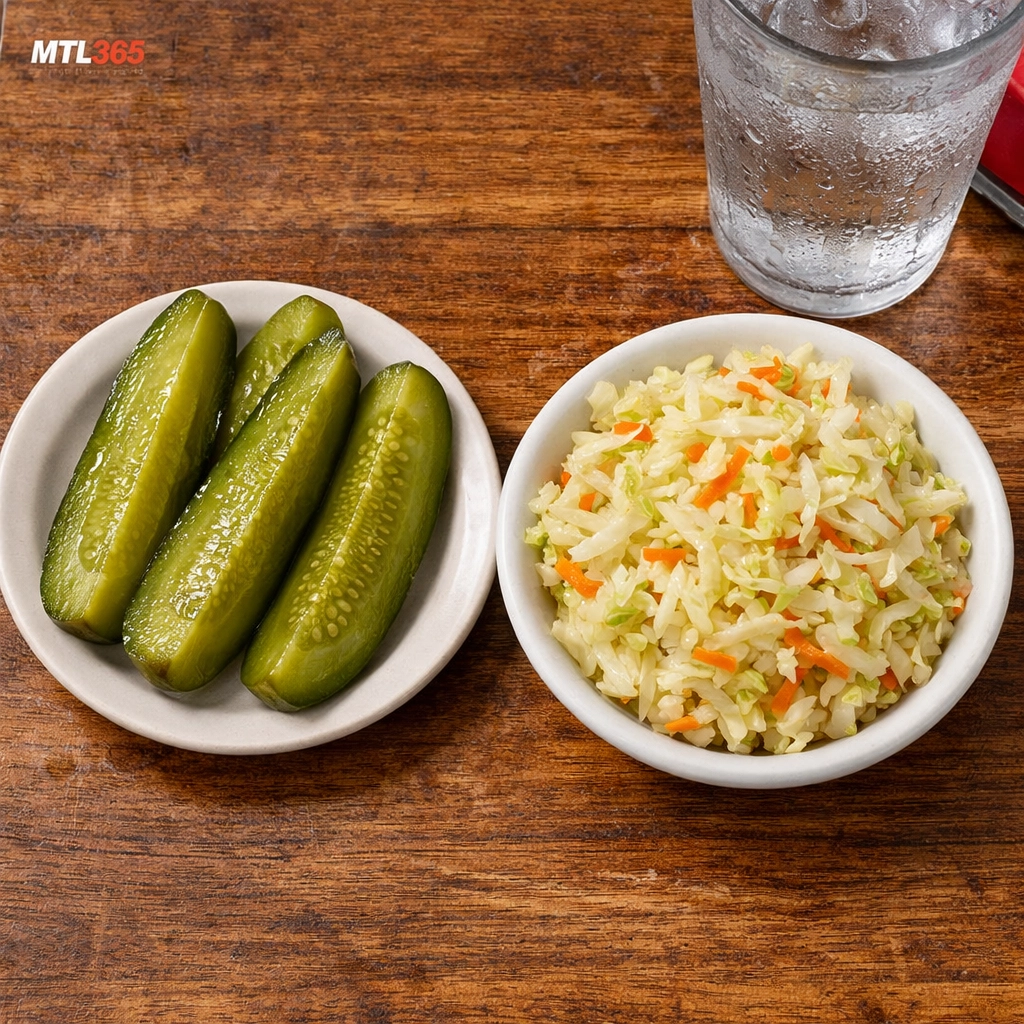 Traditional Schwartz's Deli sides: a whole garlic pickle and crisp vinegar-based coleslaw.