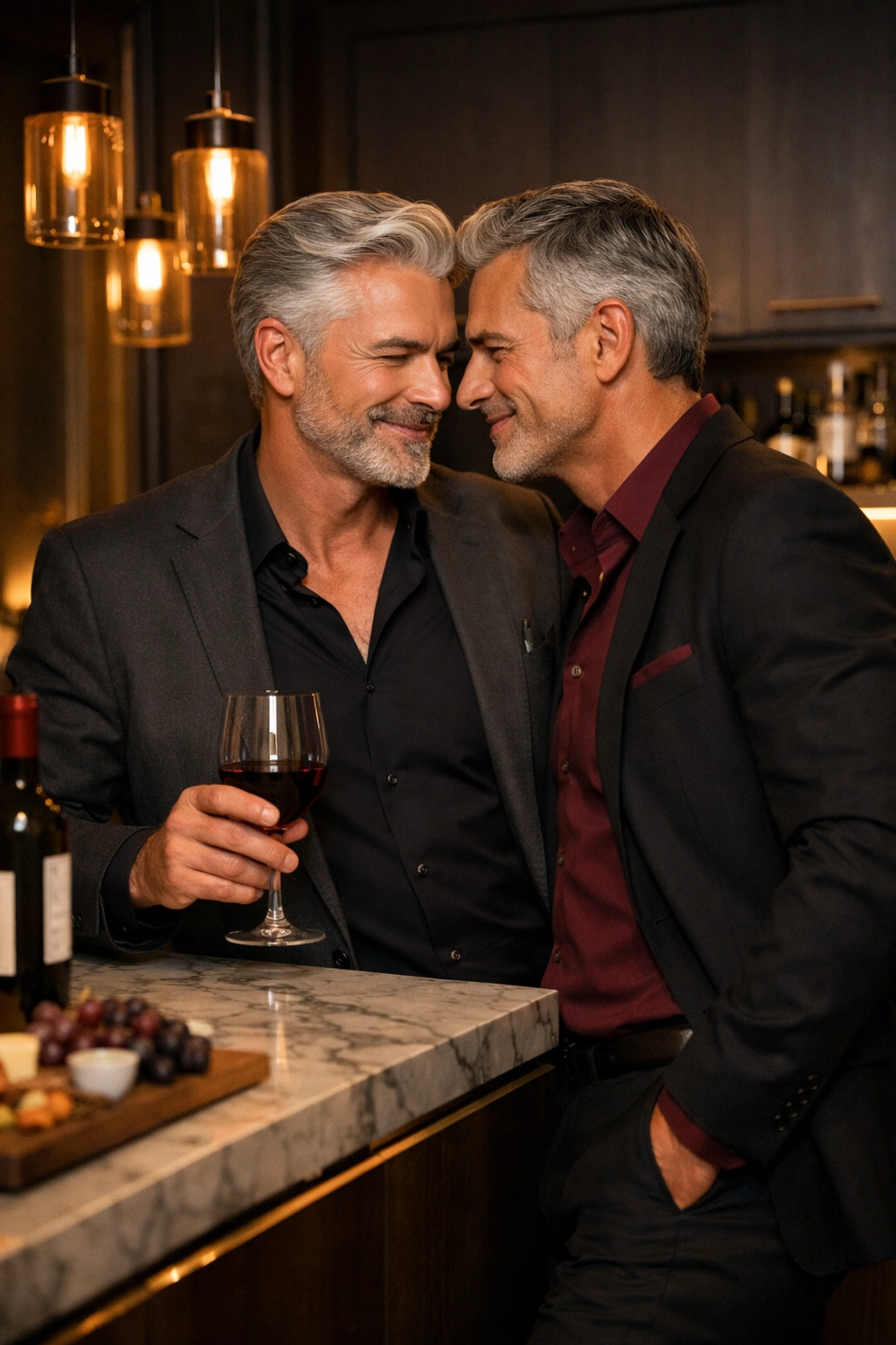 Two silver fox men sharing intimate moment in kitchen - mature gay romance and attraction
