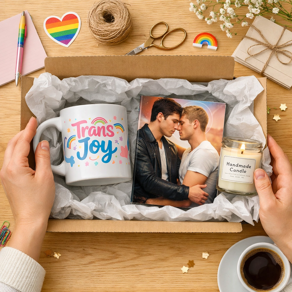 Unboxing a gift set of MM romance books and handmade queer-themed home accessories.