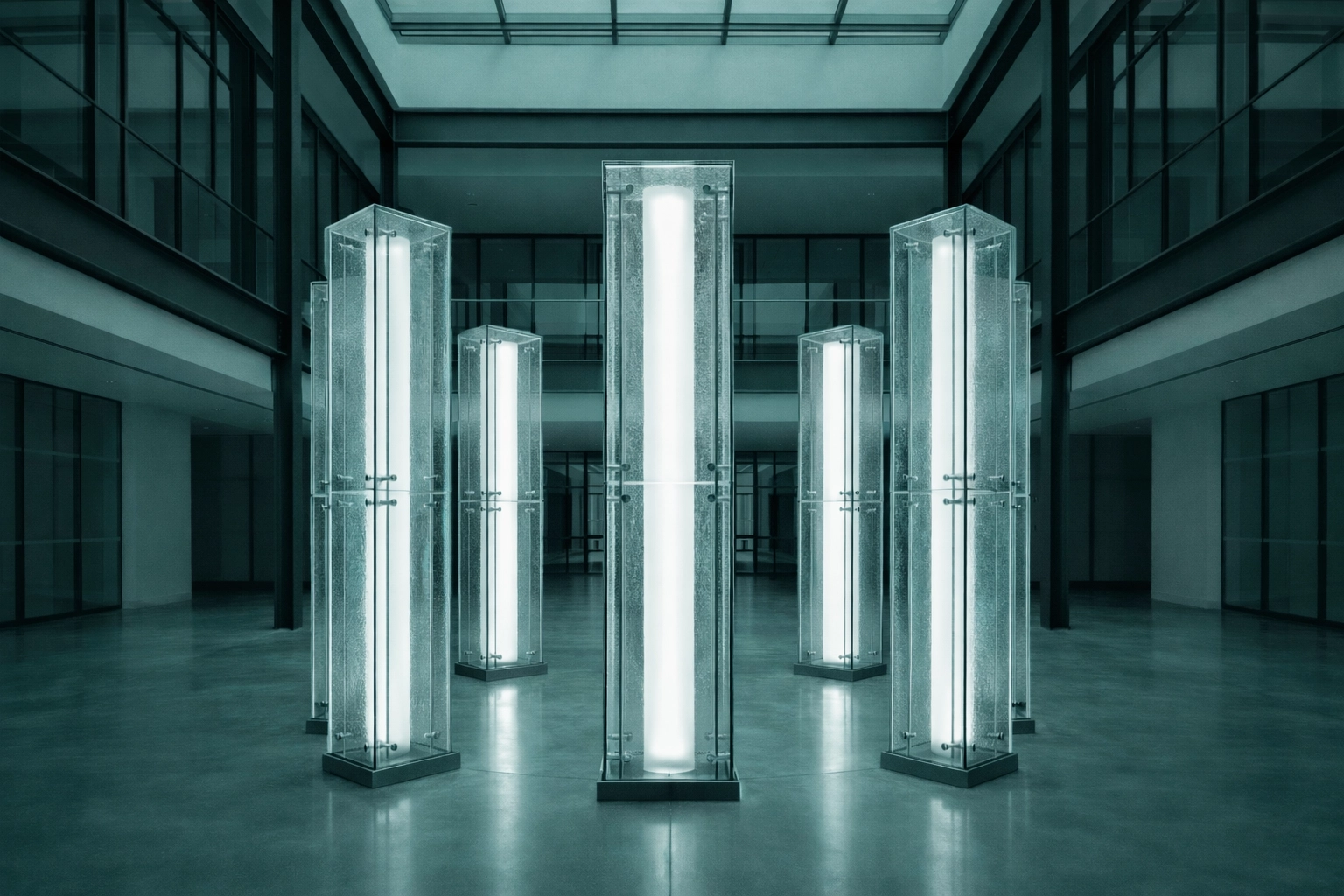 Five glass pillars lit with blue light symbolizing the organizational change management framework.