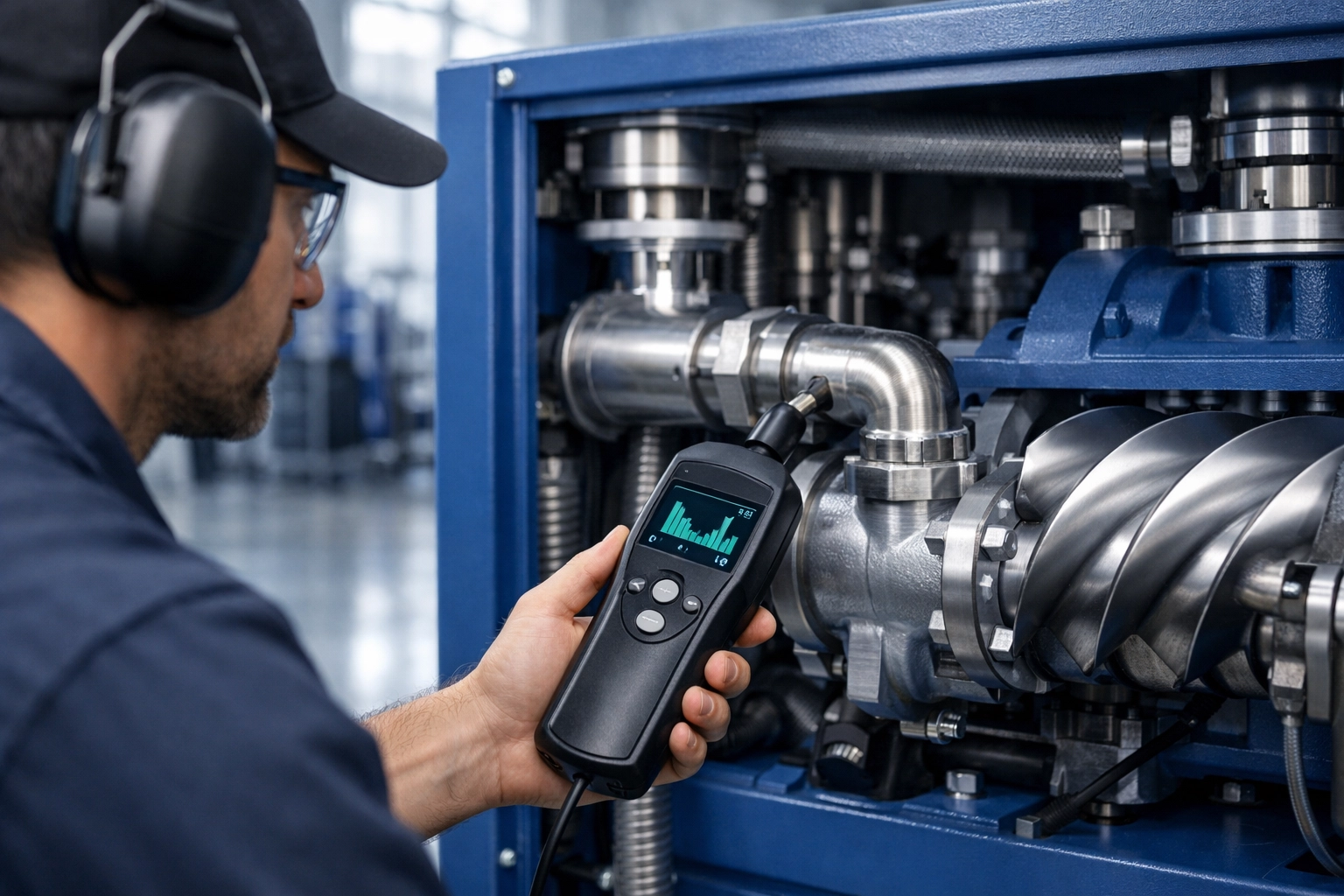 Technician performing an energy audit on an industrial screw air compressor using ultrasonic leak detection tools.