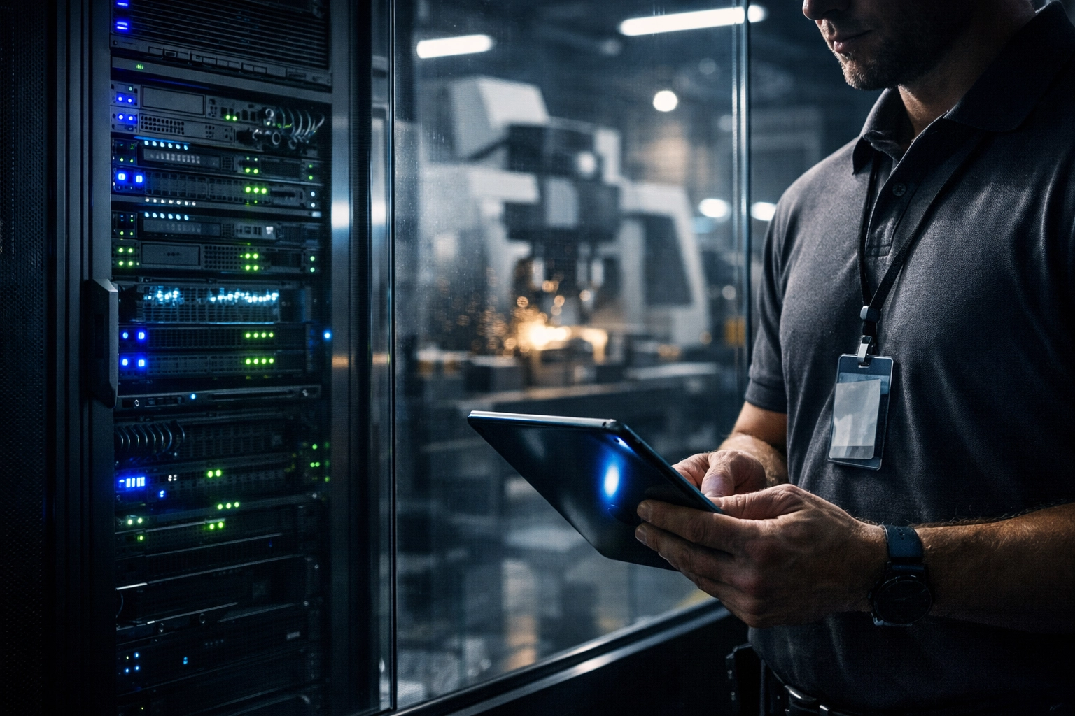 Cybersecurity audit of a server rack in a Connecticut machine shop to secure defense manufacturing data.