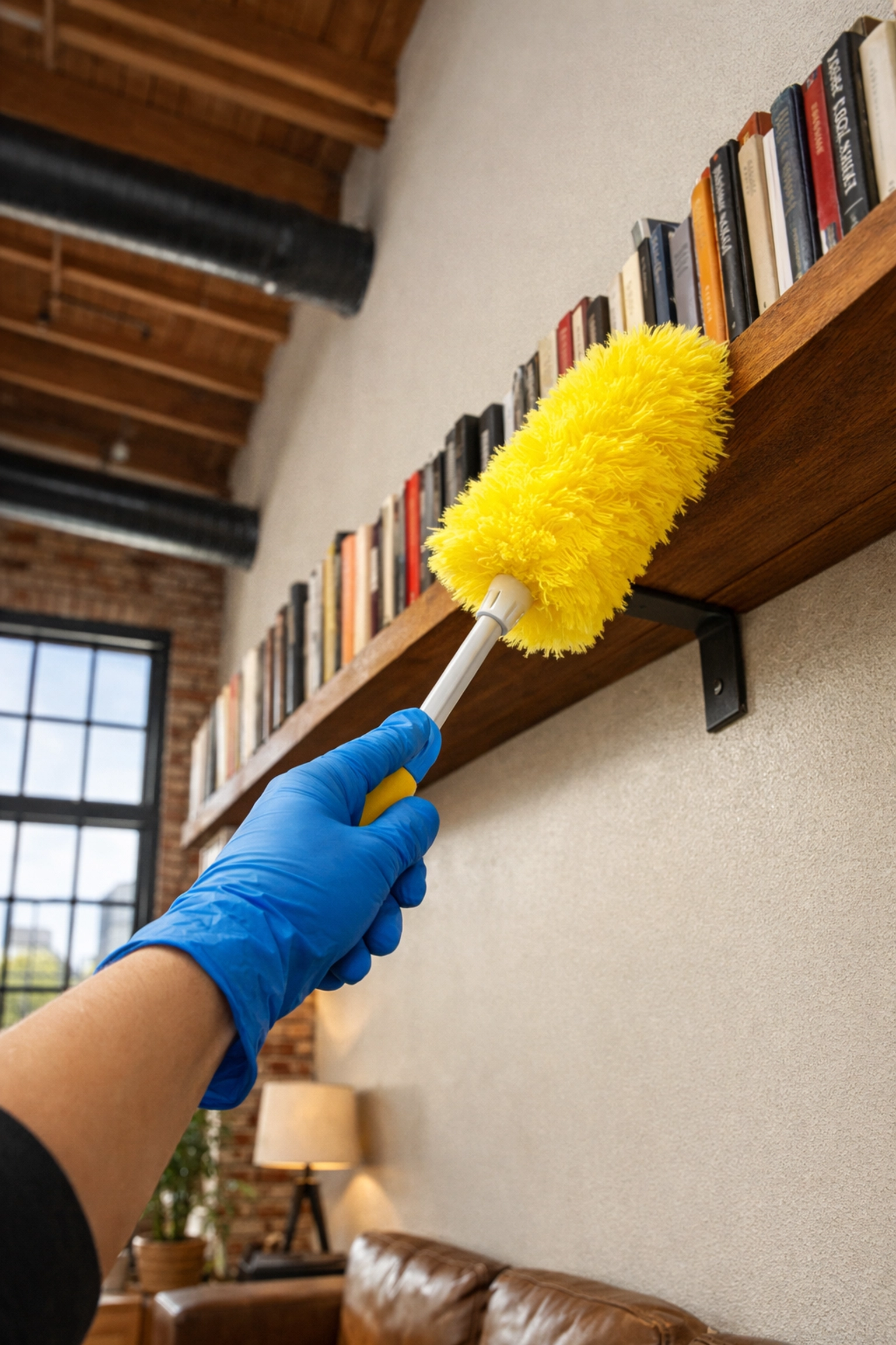 Professional house cleaning Worcester MA showing a top-down dusting strategy in a high-end apartment.