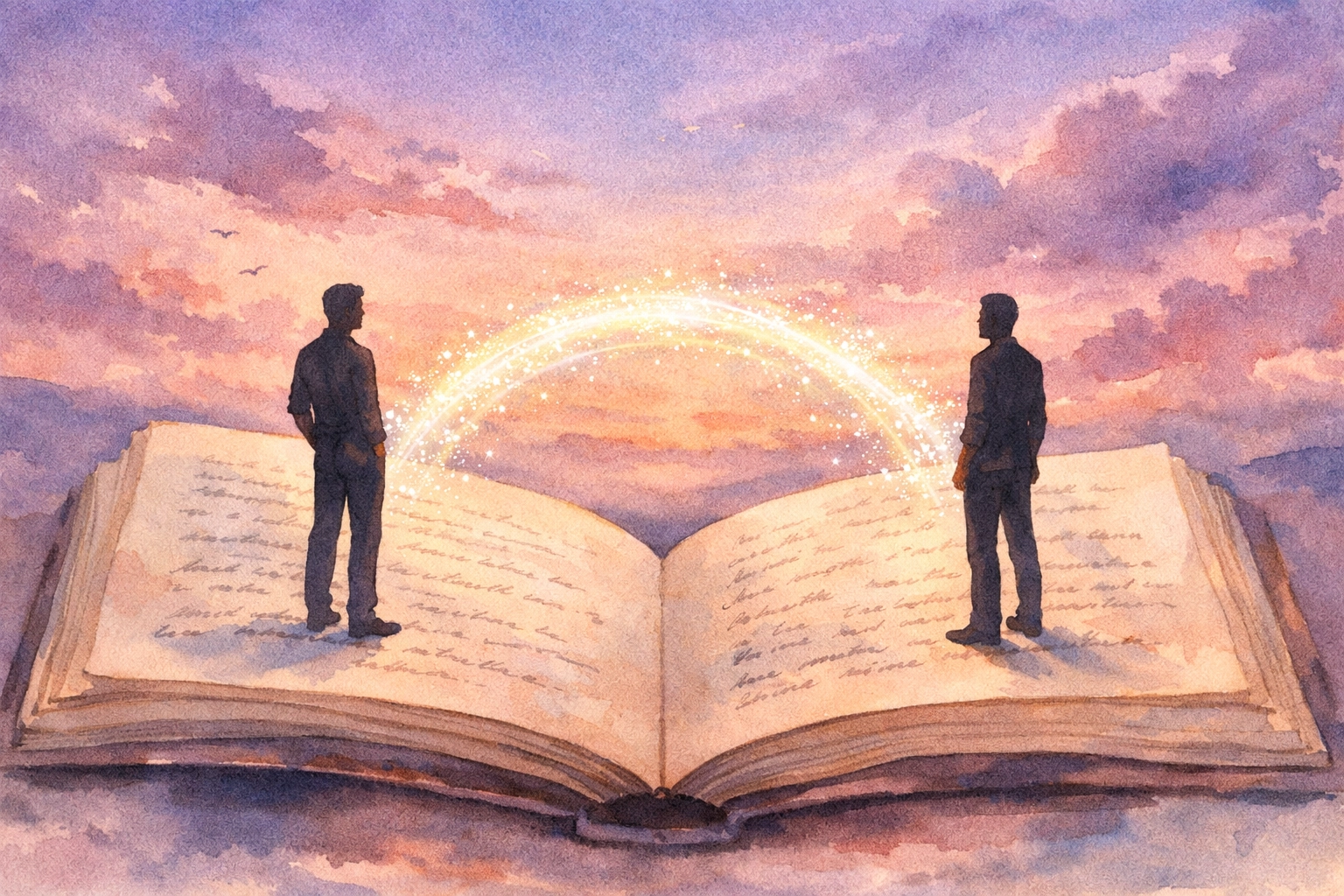 Two men on book pages with forming connection representing hope in MM romance journey