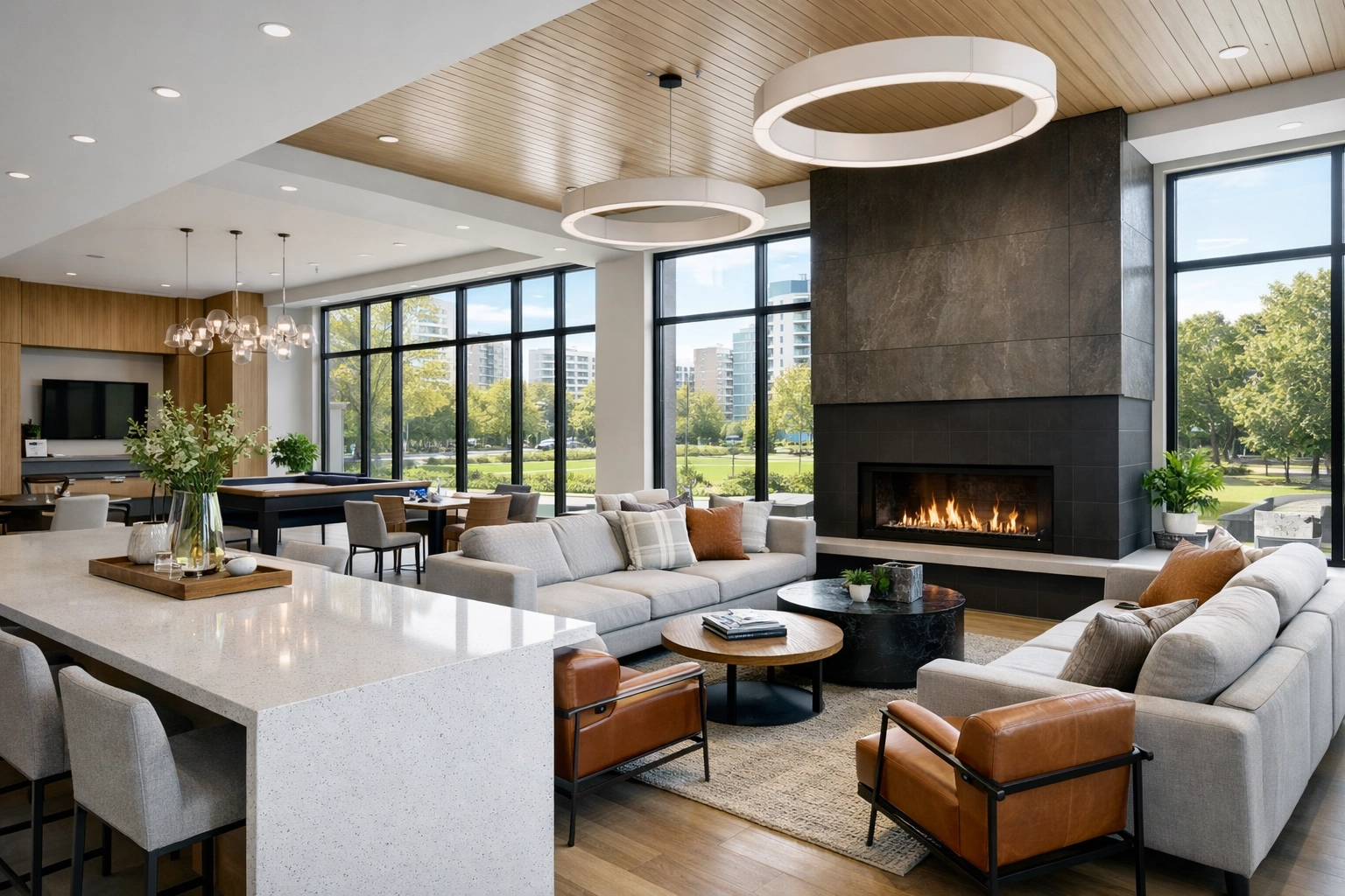 A clean and well-maintained multifamily resident lounge in a contemporary Chicago building.
