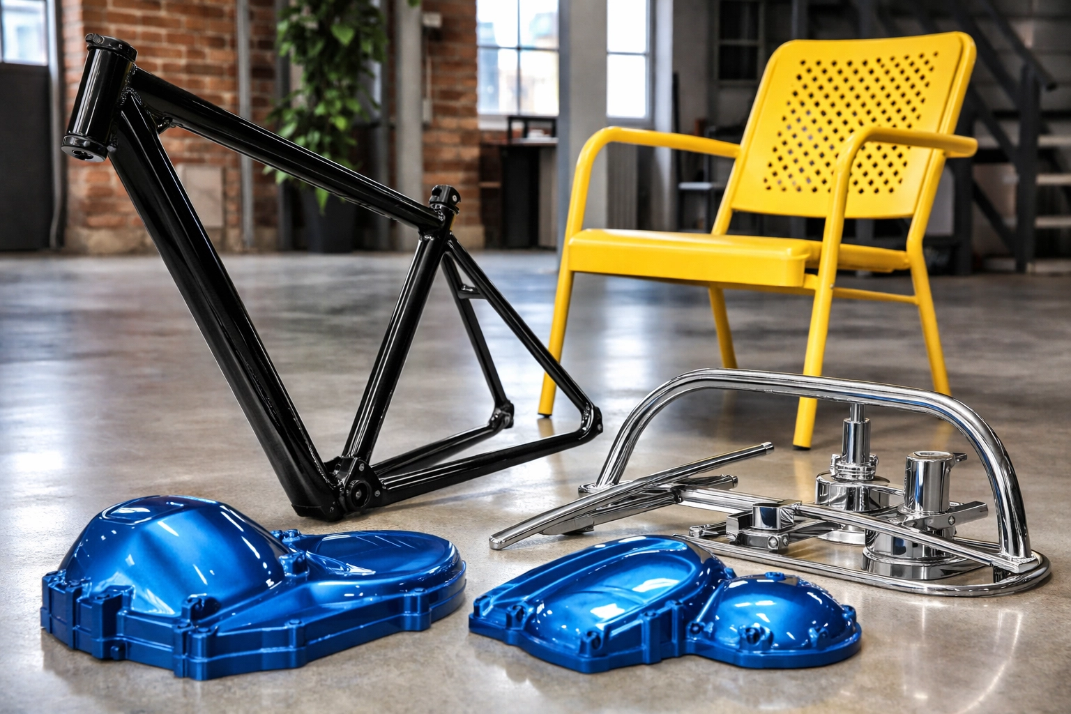 Variety of powder coated items including bicycle frame, patio chair, and motorcycle parts