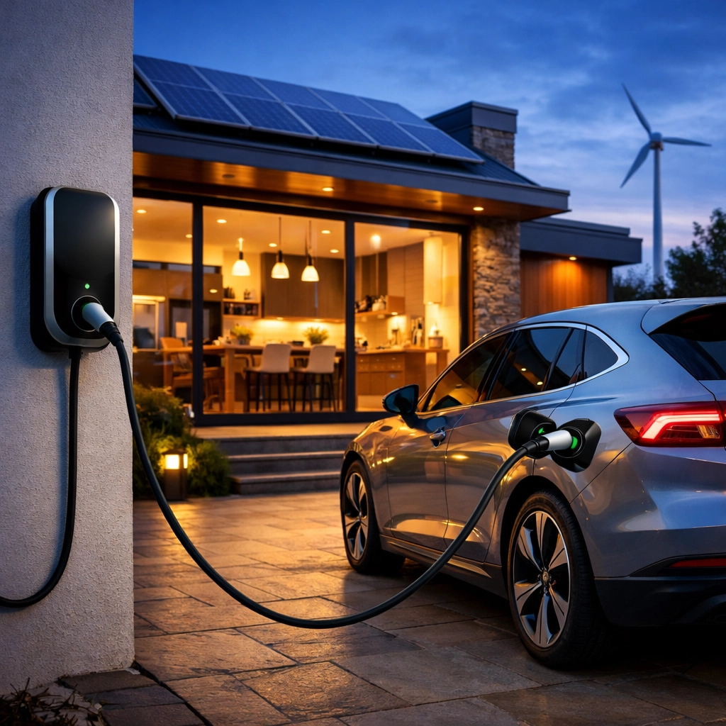 Modern eco-home with an EV charger and solar battery storage for total energy independence.
