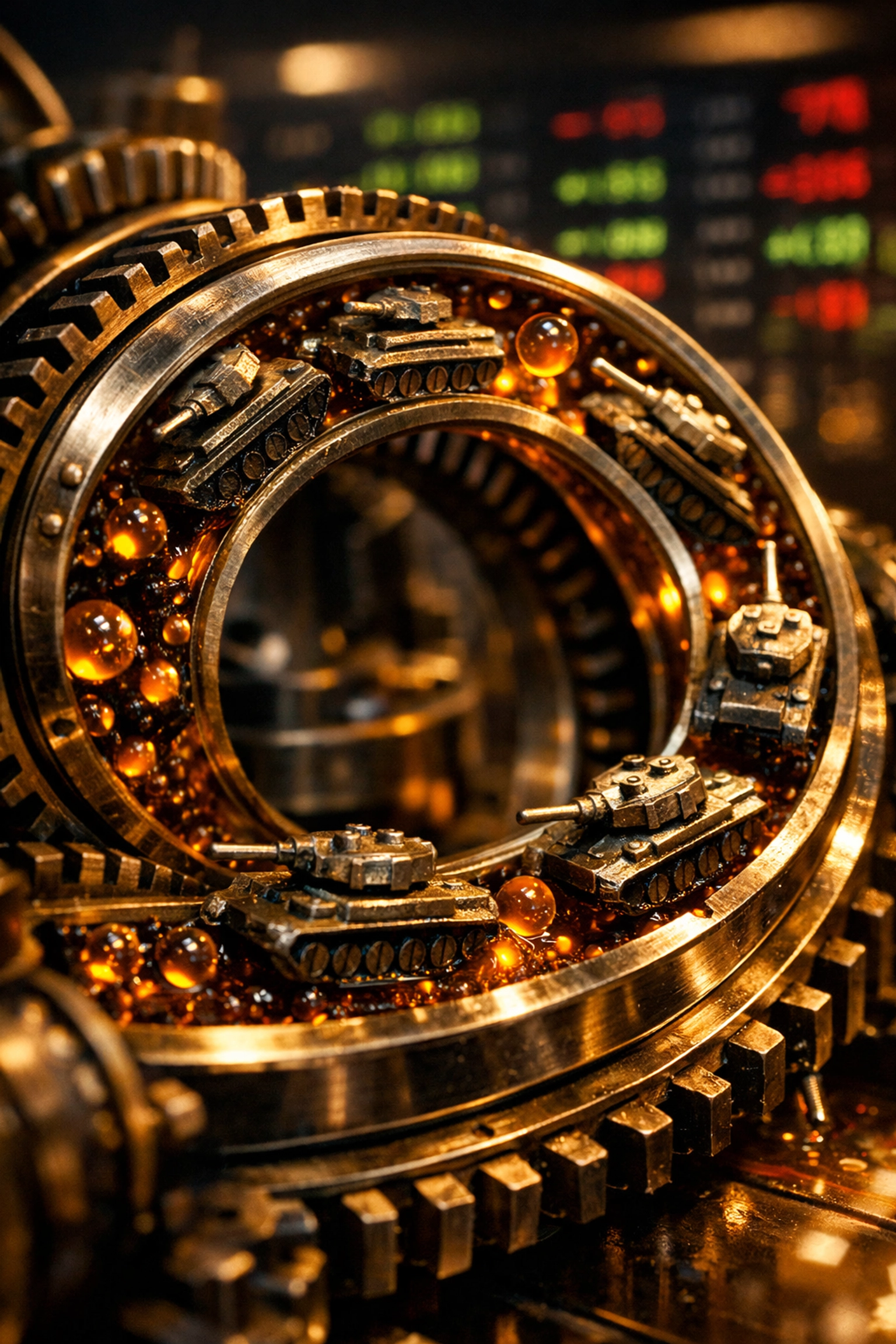 Clockwork gears with oil and tanks on a dark stock market floor, depicting the business of war profits.