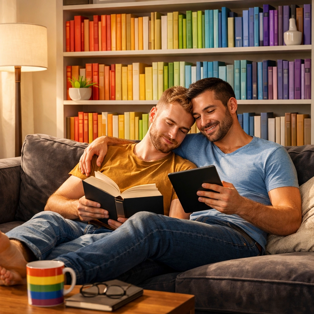 A gay couple reading MM romance books together in a cozy, sunlit nook with a rainbow bookshelf.
