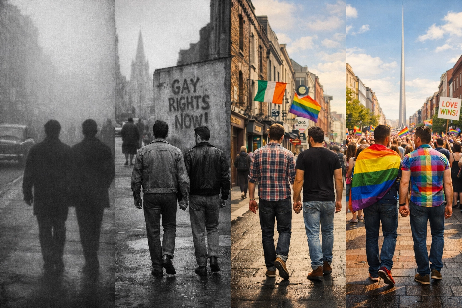 Timeline of Irish LGBTQ+ history showing gay couples from 1960s Dublin to marriage equality