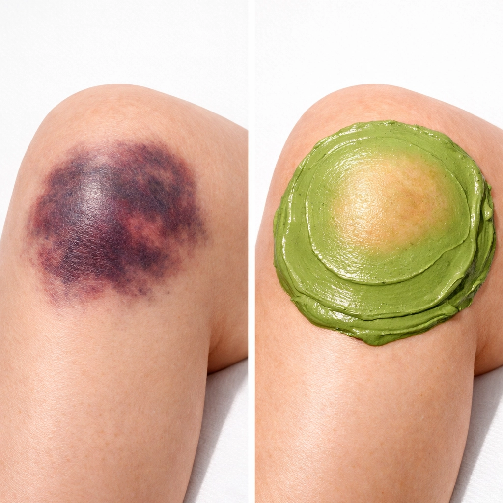 Before and after bruise healing with bentonite clay treatment on knee