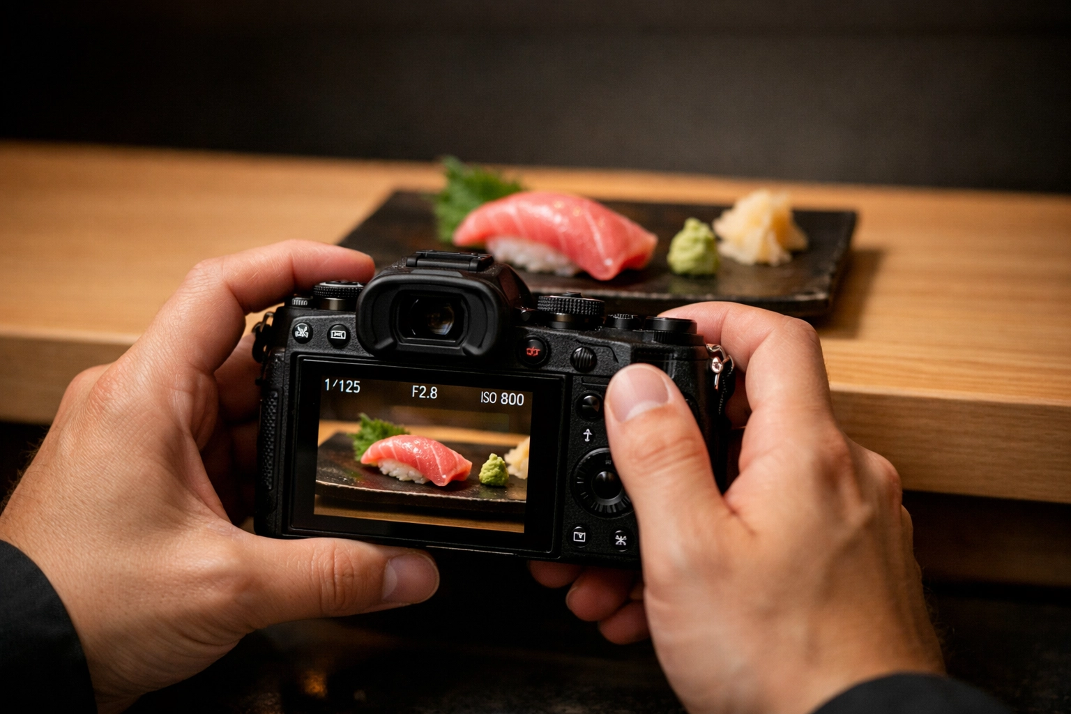 Using a mirrorless camera to photograph fresh fatty tuna sushi at a high-end restaurant in Ginza, Tokyo.