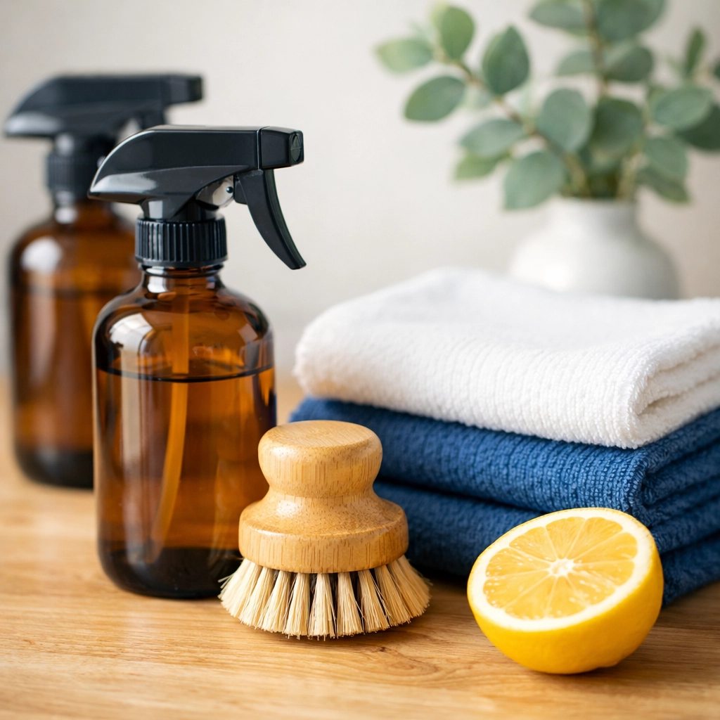 Eco-friendly products and professional supplies used for safe weekly house cleaning in Millbury MA homes.