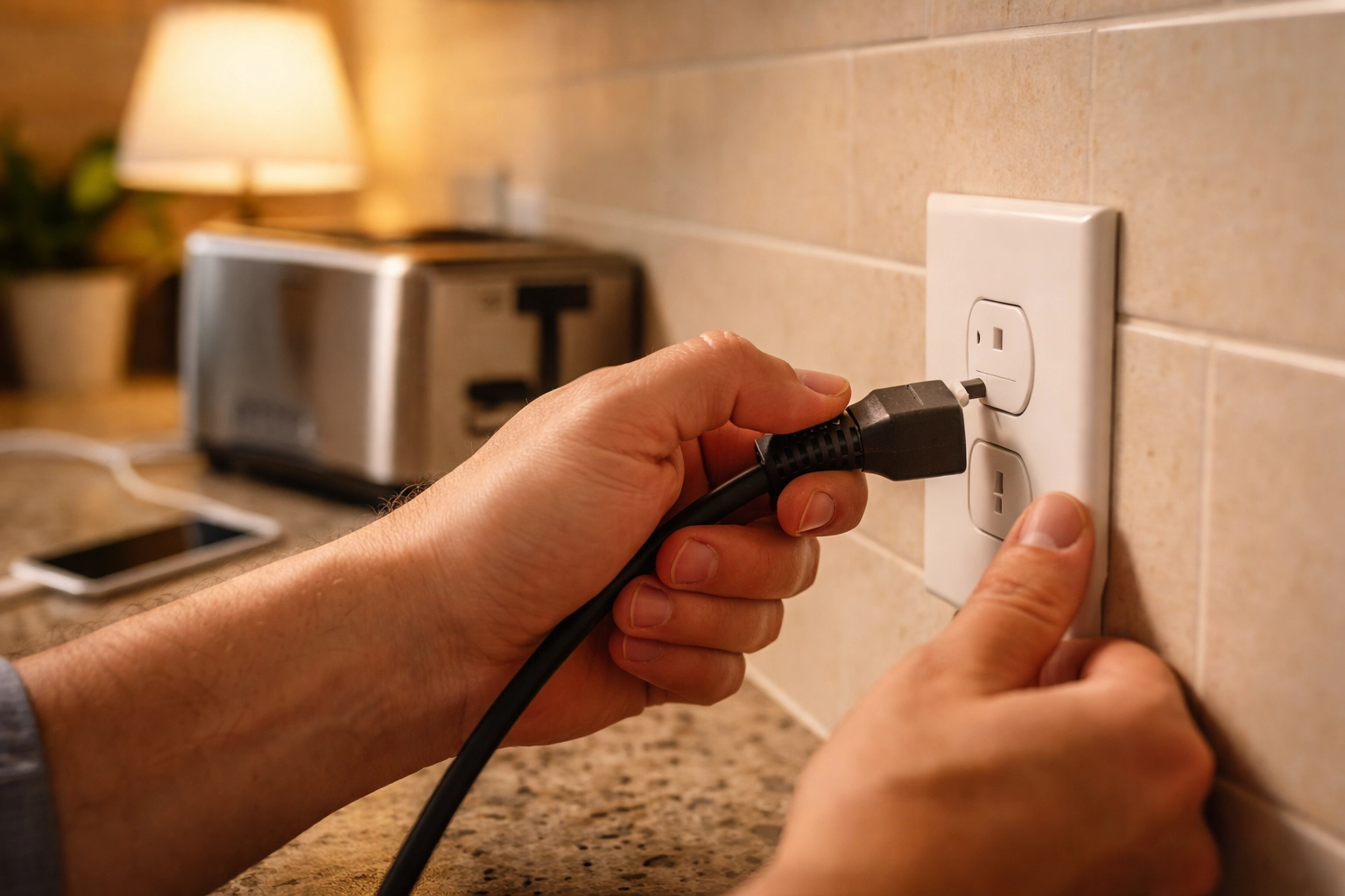 Homeowner unplugging appliance from wall outlet to troubleshoot circuit breaker issues