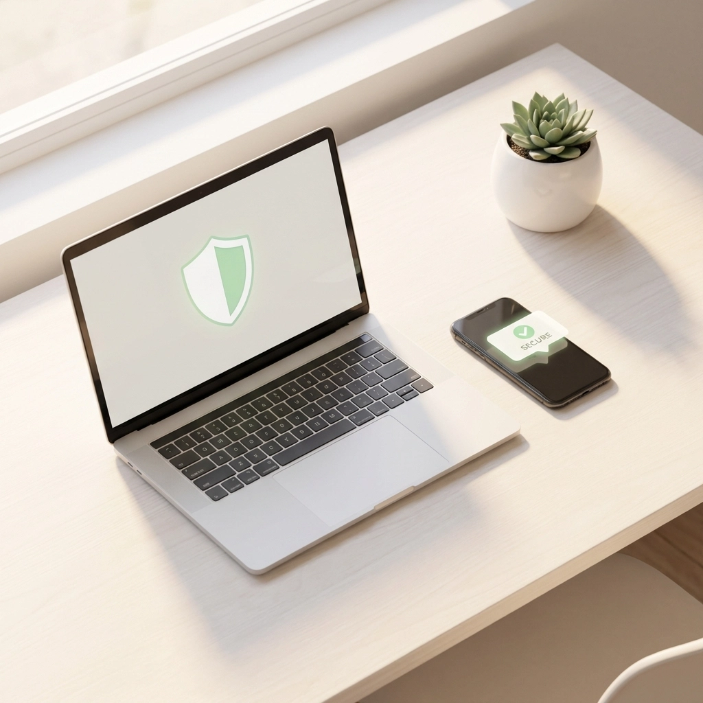 Desk with laptop showing a security shield and a phone, representing antivirus protection for business IT