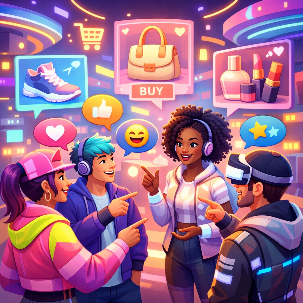 Collaborative shopping in Larecoin's social metaverse hubs with people browsing together virtually