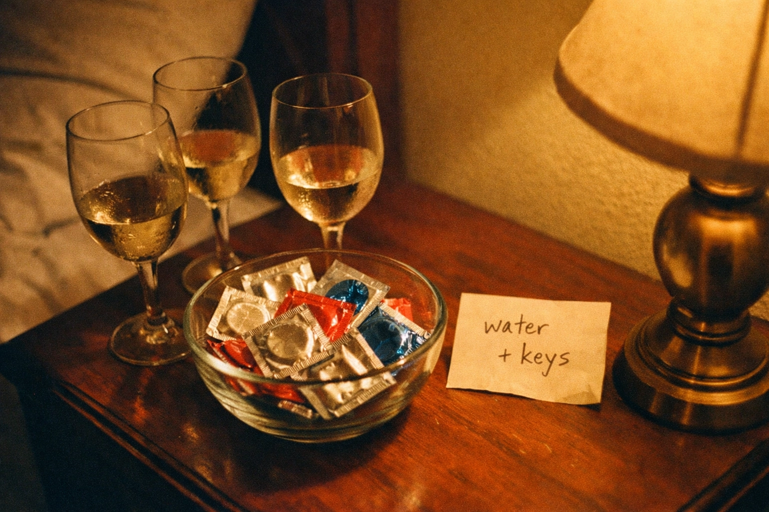 Three glasses and condoms on a bedside table, the practical prep that keeps things hot and sane