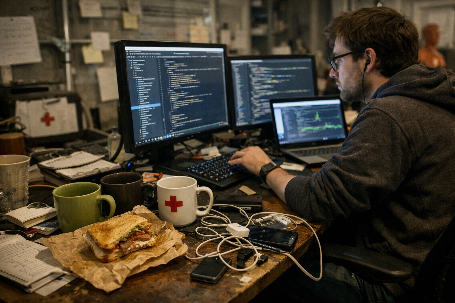 A developer working in a cluttered startup office, illustrating the manual labor behind health tech investing.