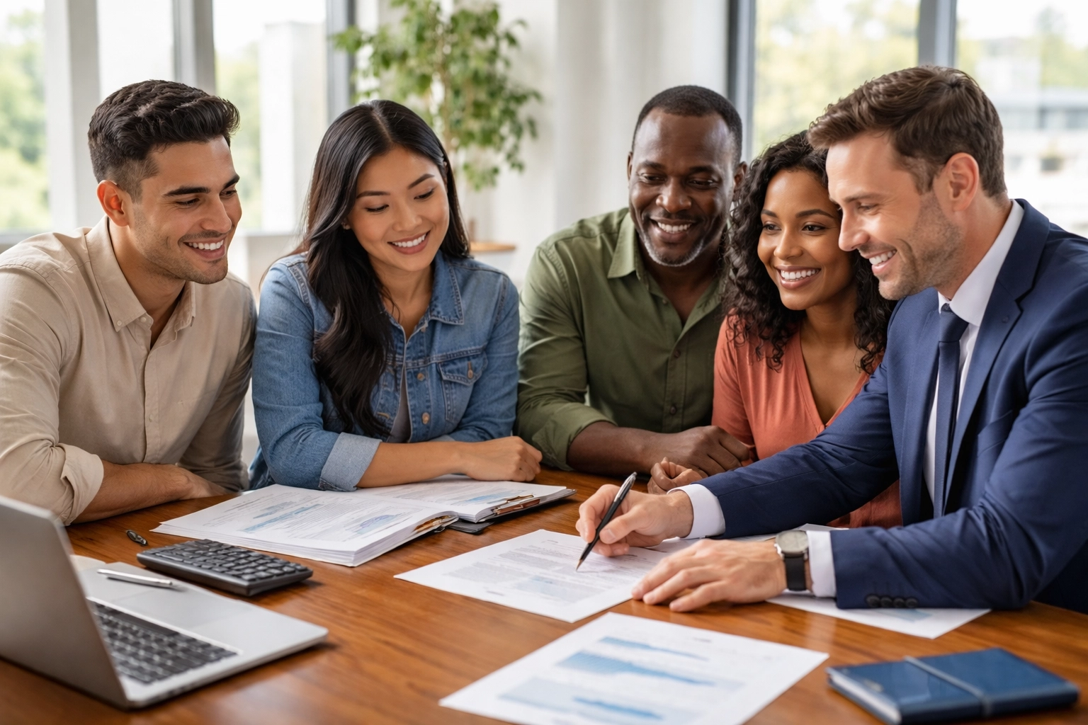 Diverse first-time homebuyers discuss loan options with advisor, emphasizing informed choices in DMV home buying process