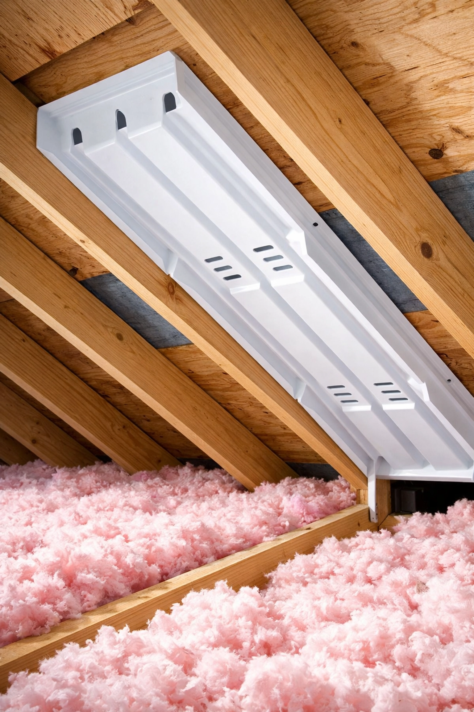 Attic ventilation baffle installed between rafters to ensure clear airflow and prevent attic mould growth.