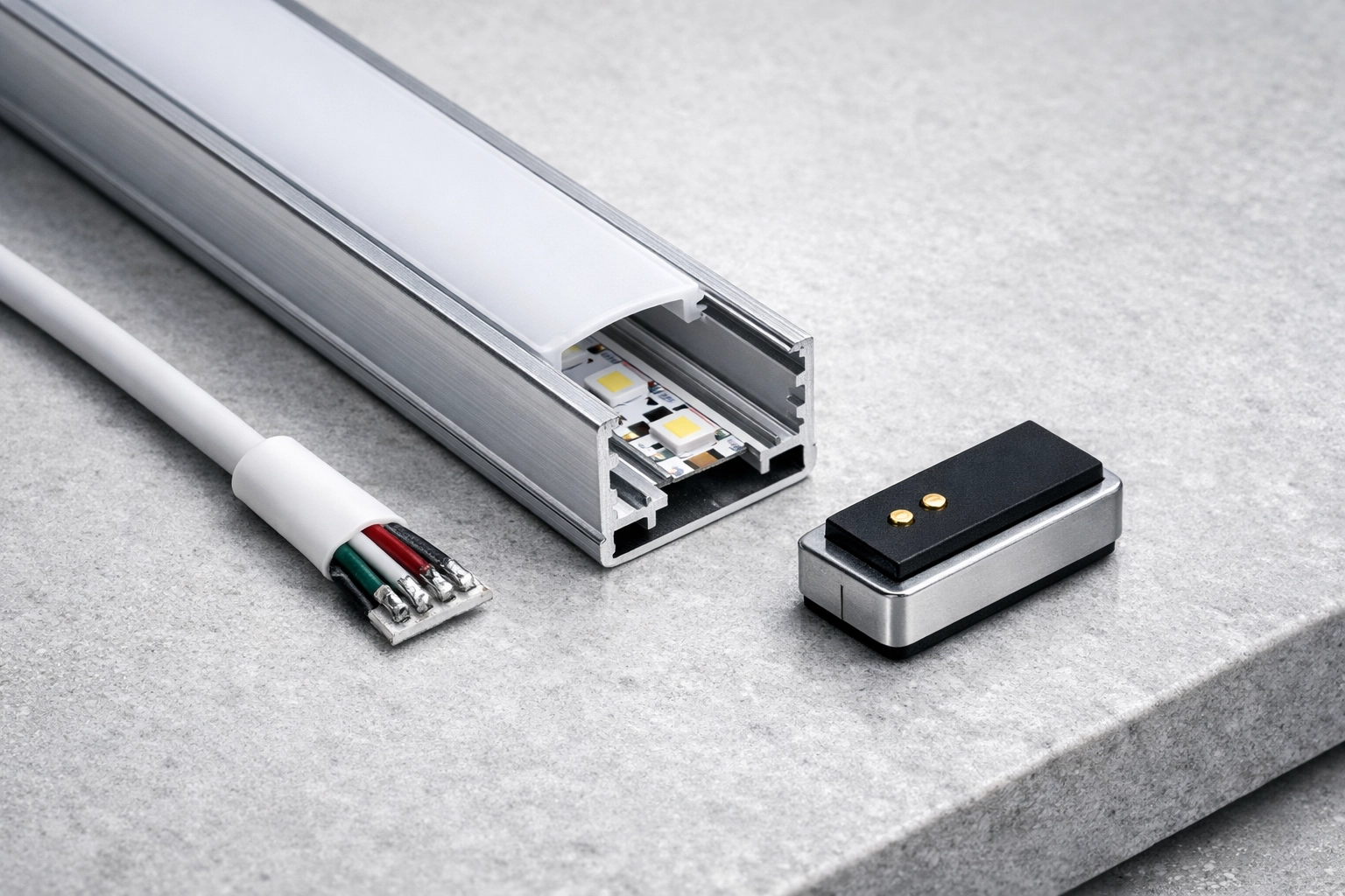 Pre-soldered aluminum LED channel for efficient under cabinet lighting in custom cabinetry.