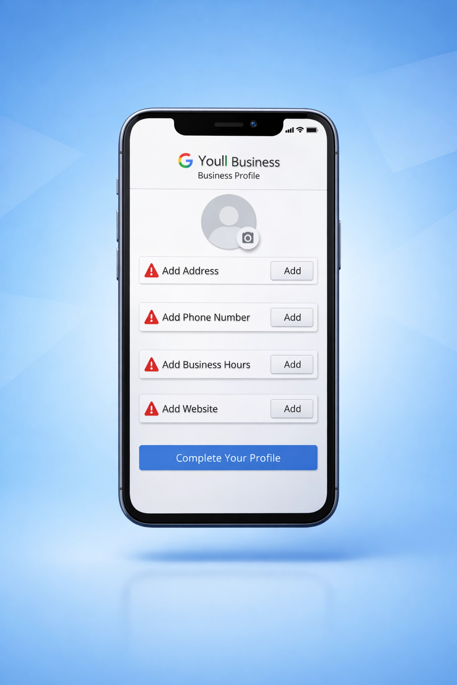 Incomplete Google Business Profile with missing information fields and warning indicators