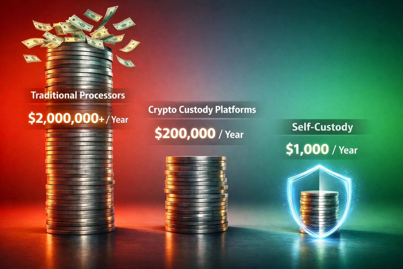 Cost comparison showing fee savings: traditional processors vs crypto custody vs self-custody payments
