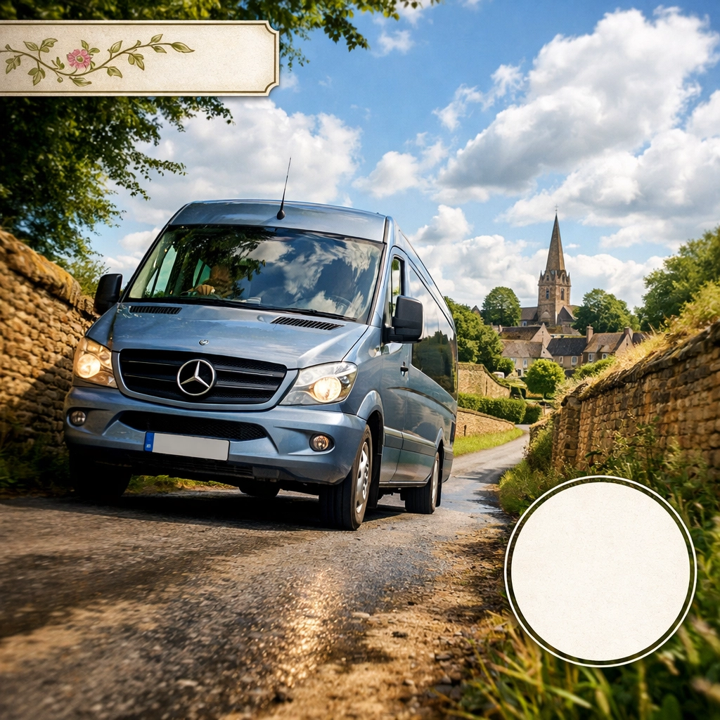 A silver blue Mercedes minibus driving through the scenic Cotswolds on a backroads tour.