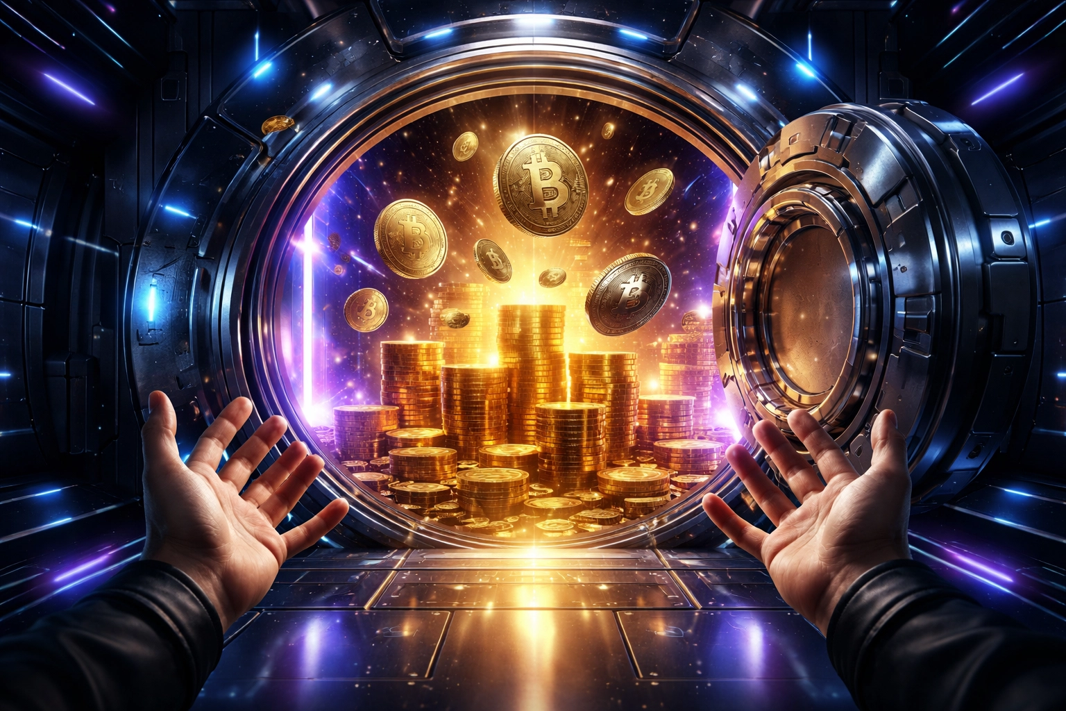 Secure crypto vault opening with floating tokens symbolizing LUSD self-custody and merchant payment sovereignty