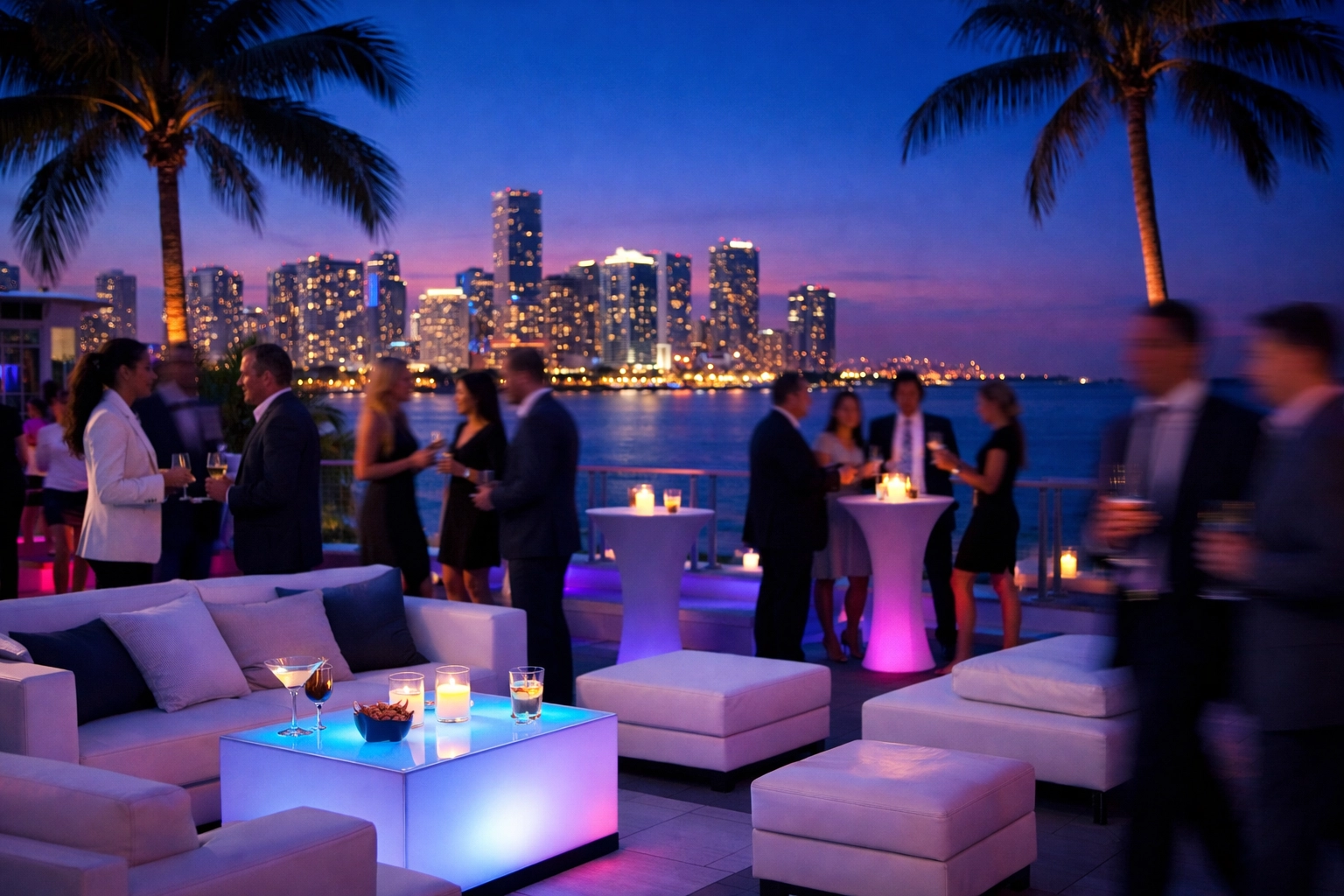 Luxury corporate event photography at a South Beach cocktail reception with the Miami skyline at twilight.