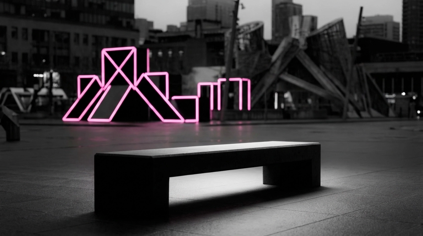 People-free, minimalist urban bench scene in black-and-white with bold black and pink accents, evoking privacy, reflection, and quiet separation.