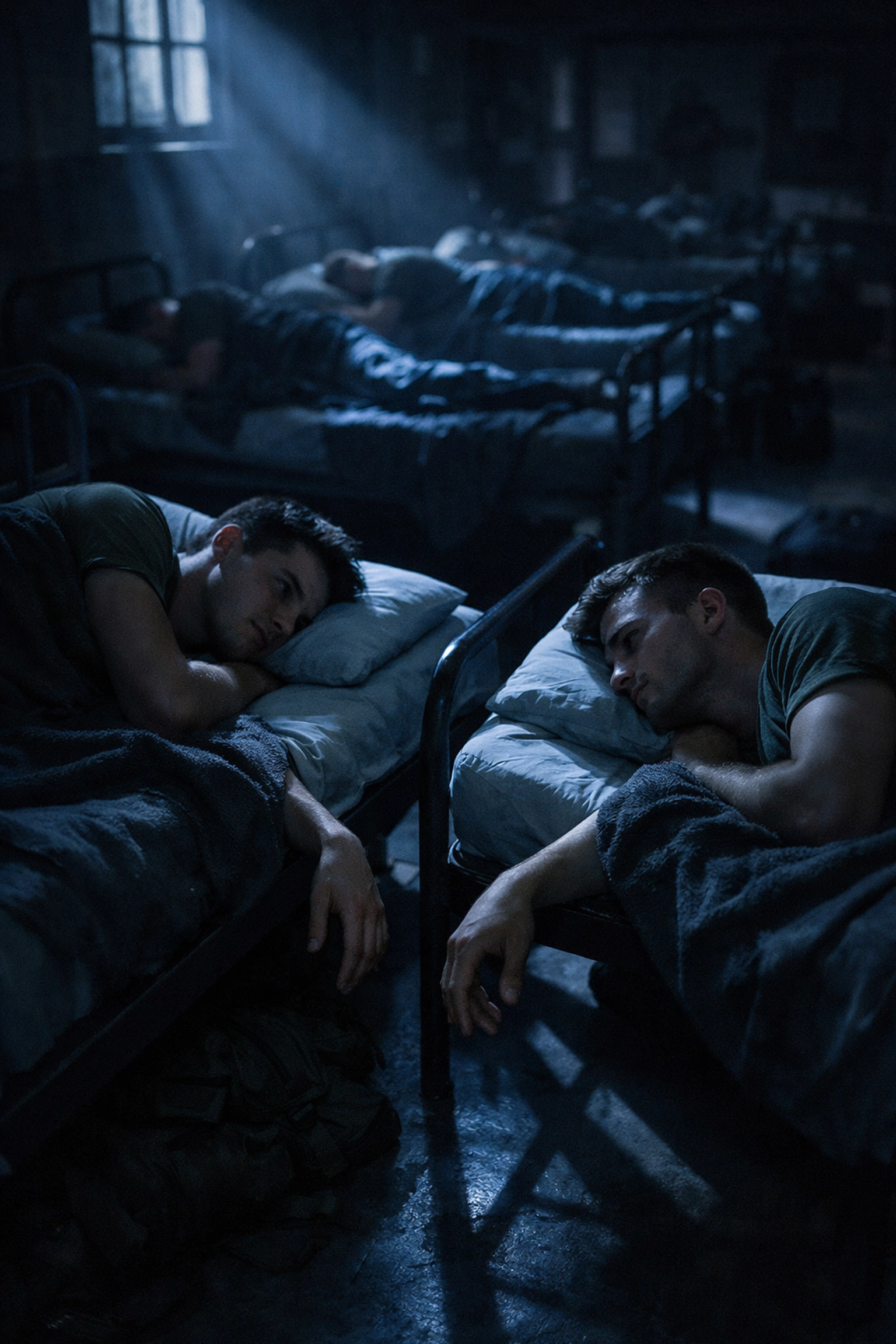 Night scene in Yugoslav military barracks showing hidden connection between gay soldiers