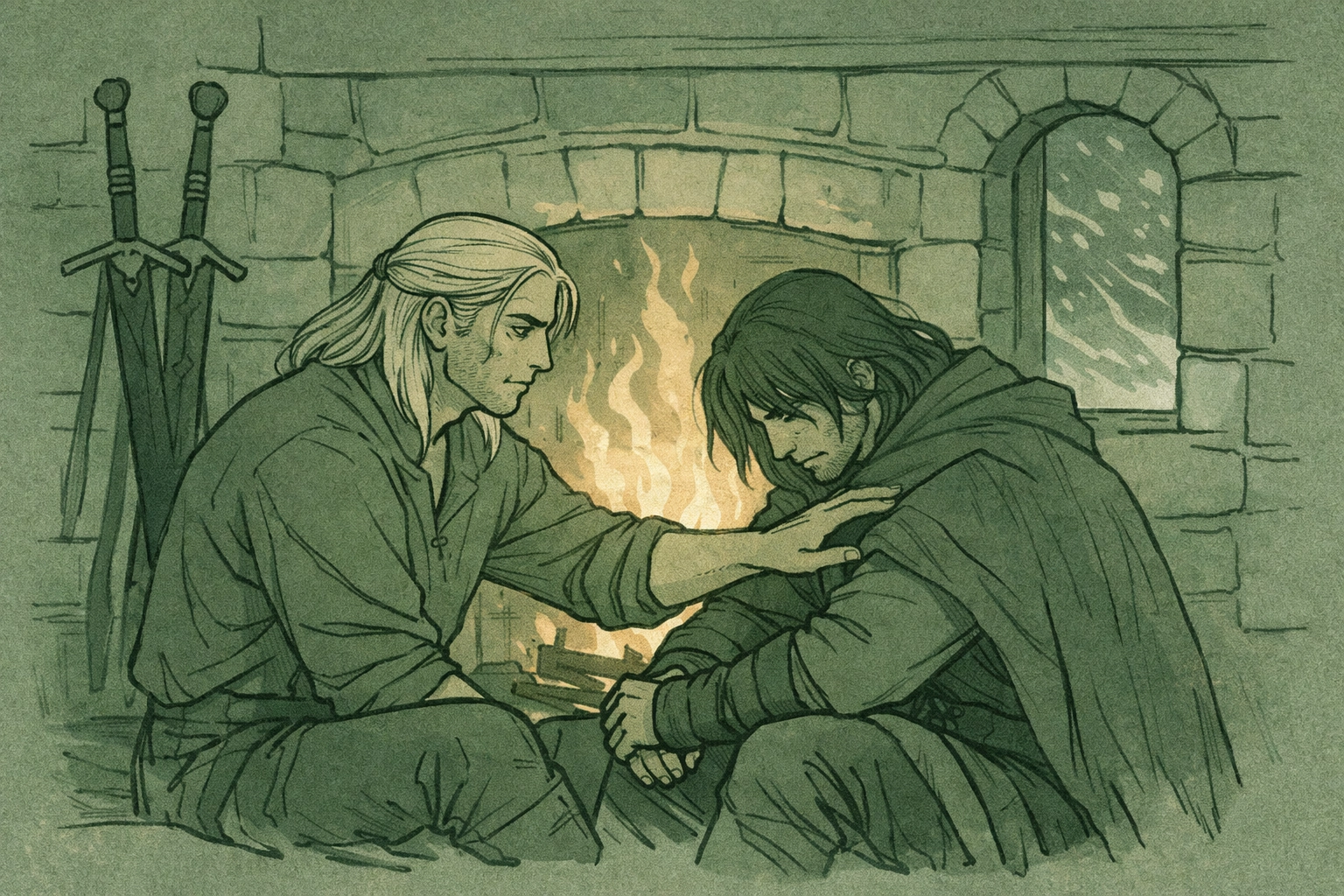 Witchers share intimate moment by fireplace in winter - gay fantasy romance