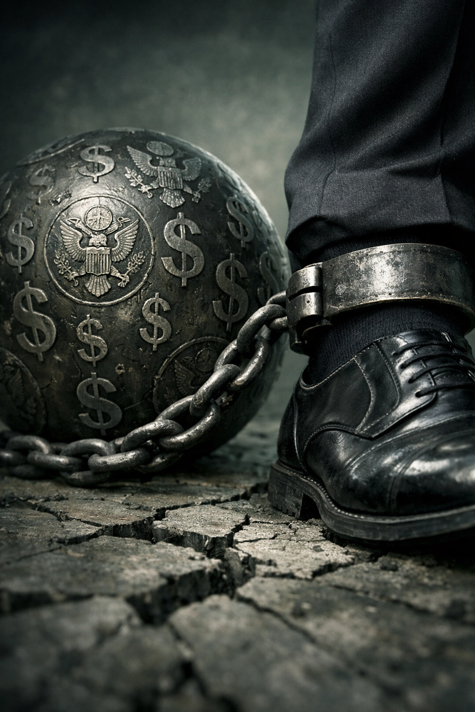 Ball and chain representing the crushing burden of unpayable government debt obligations