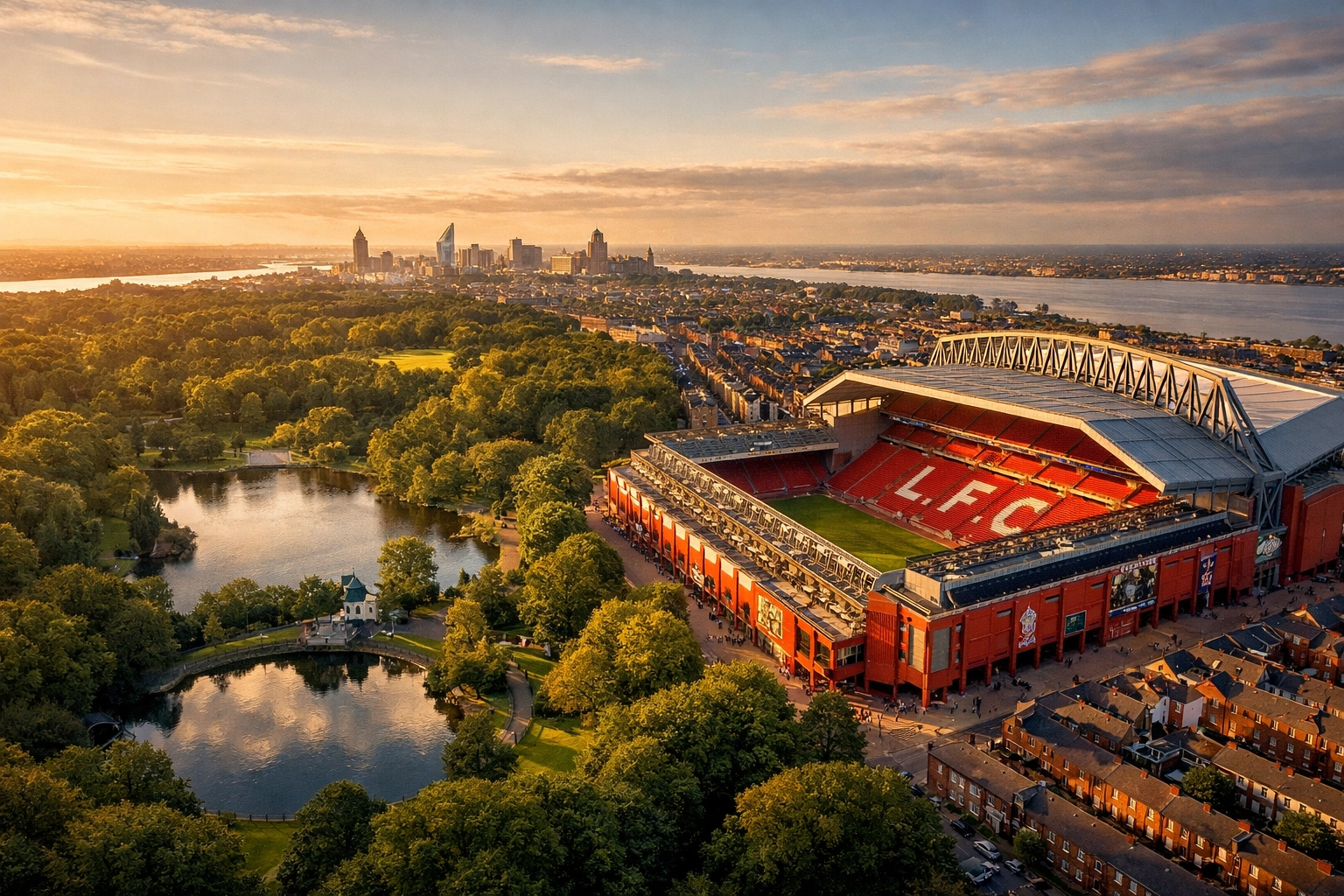Drone ash scattering ceremony over Stanley Park overlooking Liverpool FC’s Anfield Stadium.