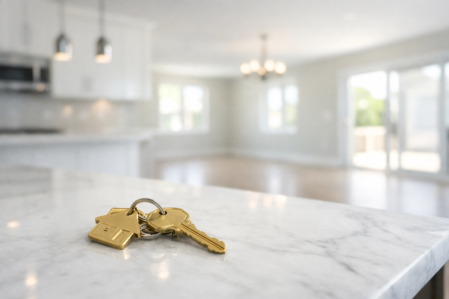 House keys on a clean marble island in a sunlit, move-in ready Lexington dream home.
