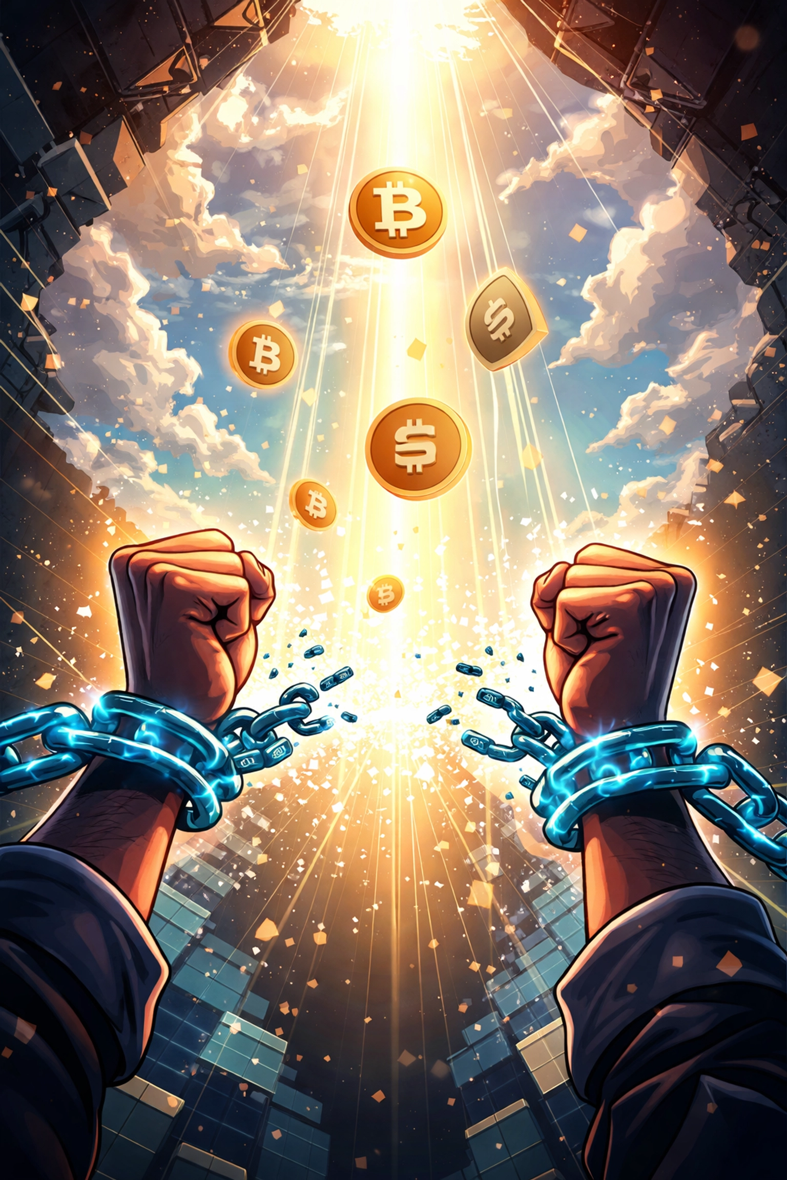 Merchant breaking free from digital chains, symbolizing freedom and empowerment through self-custody crypto payments.