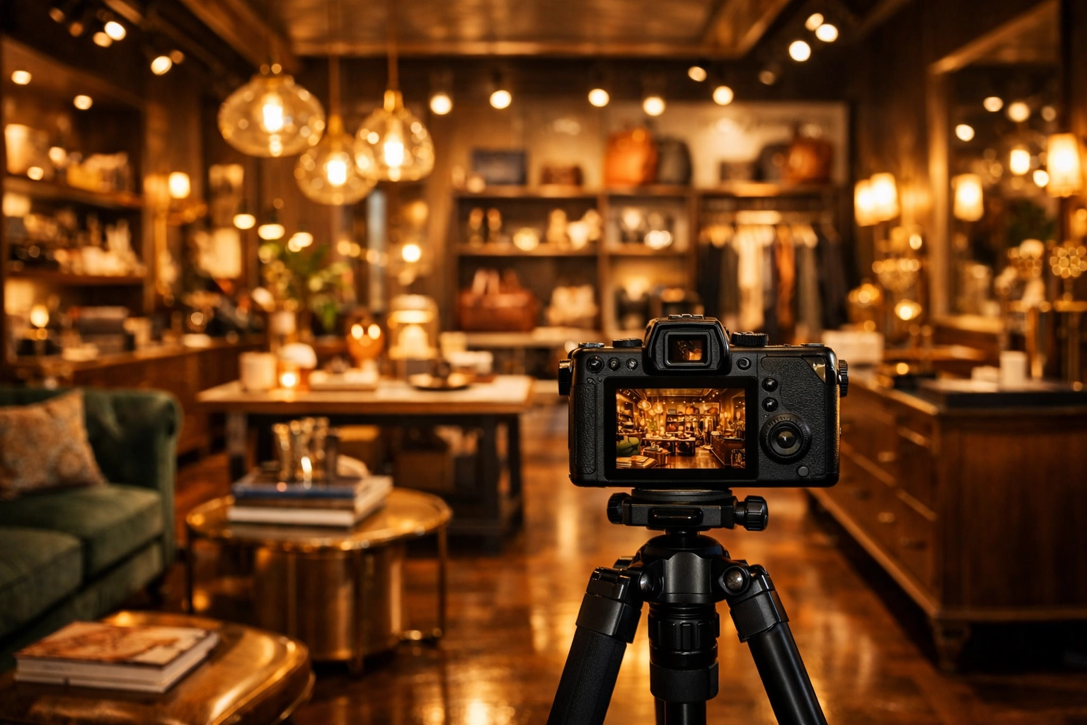 A camera on a tripod photographing a stylish retail store to attract local business leads.