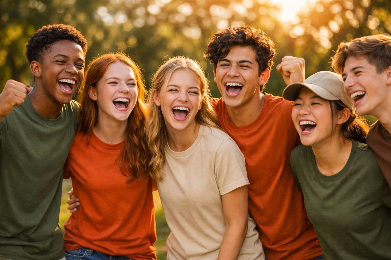 Happy campers wearing matching custom t-shirts in earth tones during a sunny summer day in 2026.