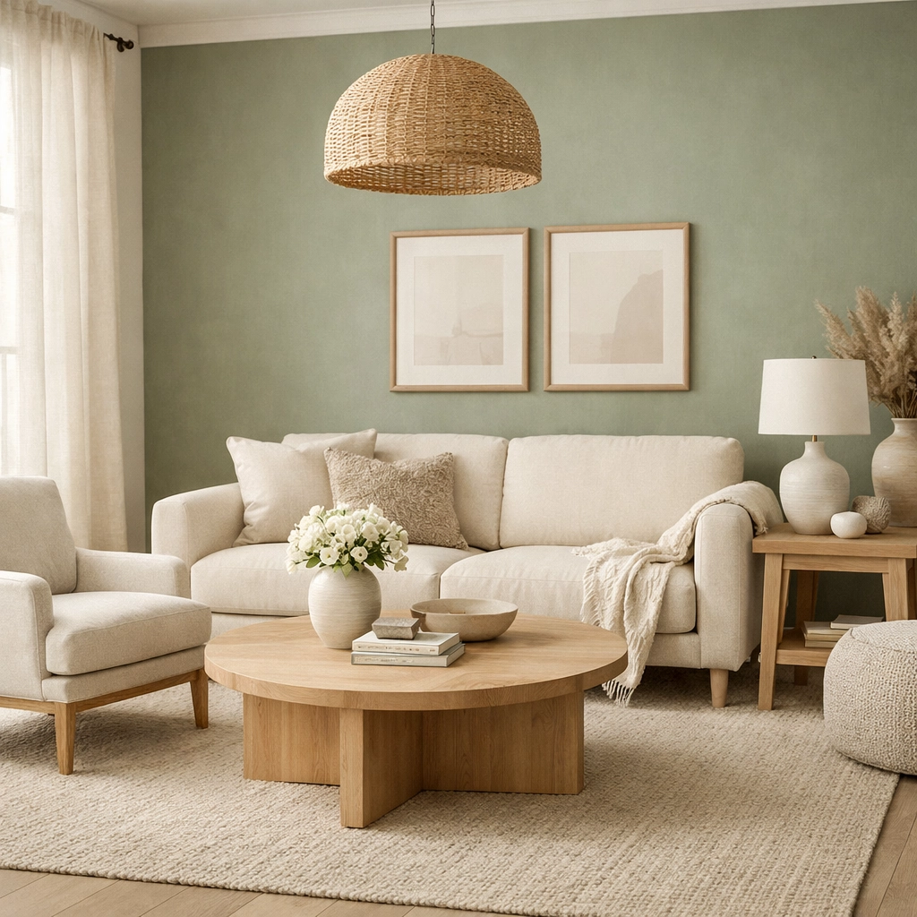 Elegant living space featuring warm neutral colors and a sage green wall for a fresh home remodeling Orlando look.