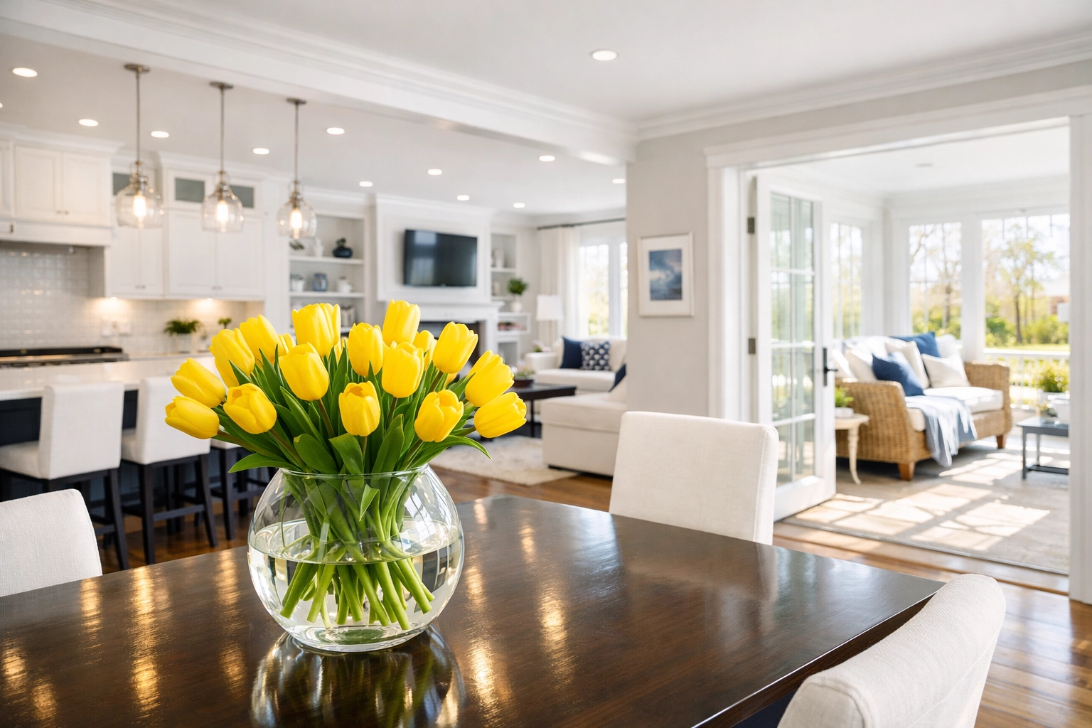 A refreshed Shrewsbury home interior after a professional spring house cleaning with bright yellow tulips.